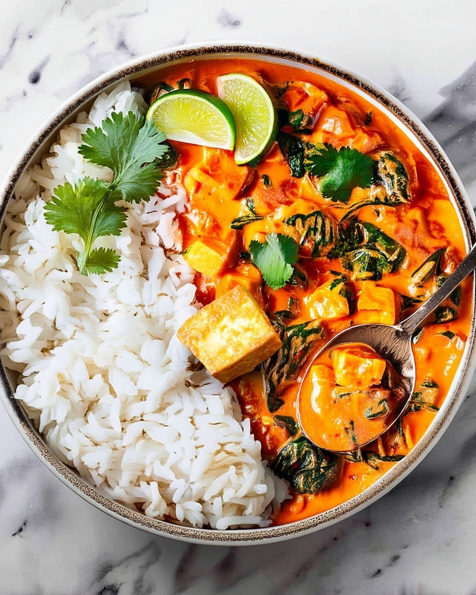 A round bowl with two main layers side by side, the left half filled with a mound of fluffy white rice with a soft texture, and the right half holding an orange creamy curry with visible chunks of tofu and green spinach leaves mixed in thick sauce. On top of the curry near the edge, two bright green lime wedges and one lime wedge rest close to the rice layer, adding a fresh touch. A spoon is scooping some curry from the right side, showing the smooth texture and layered ingredients. The bowl is set on a white marbled surface. photo taken with an iphone --ar 4:5 --v 7