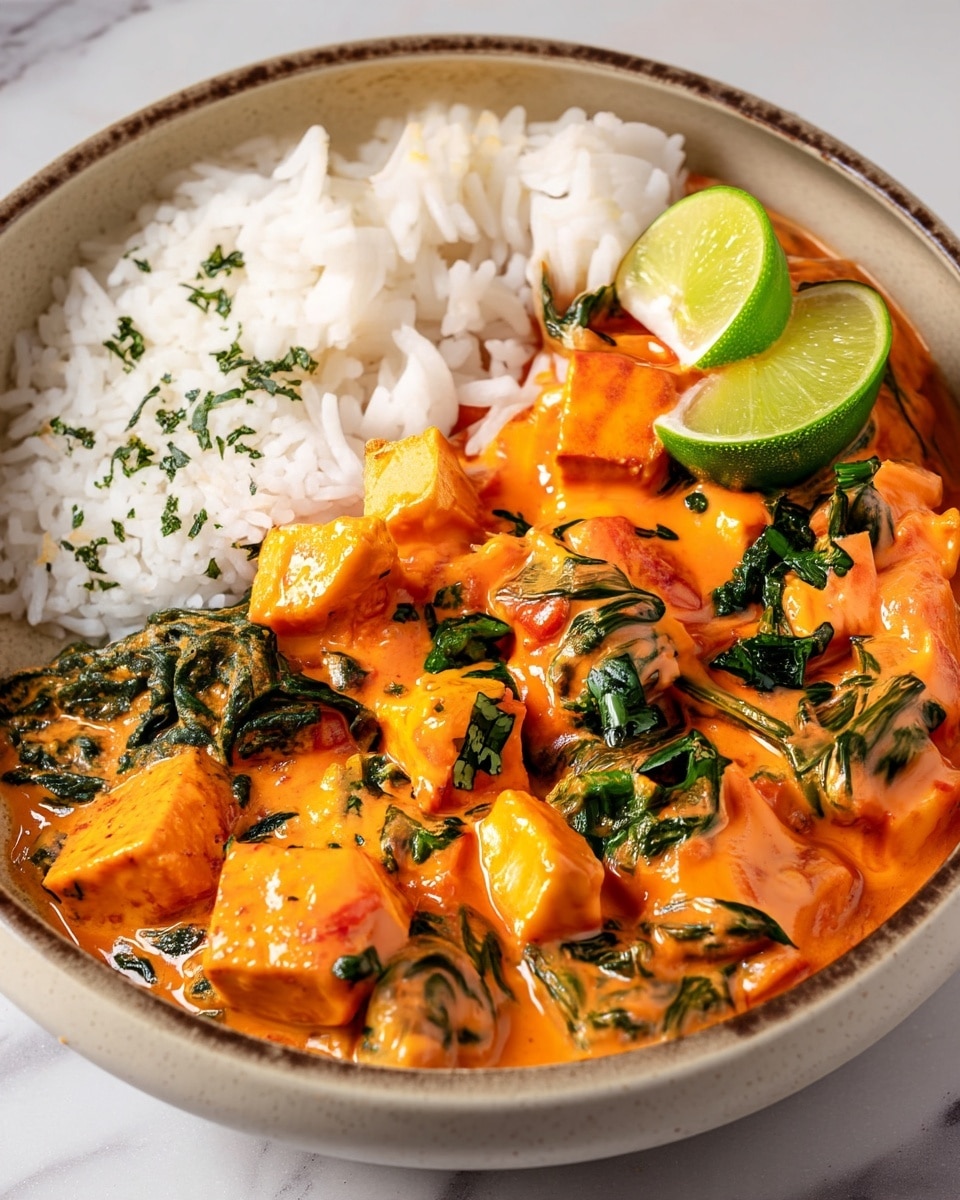 A close-up of a white bowl on a white marbled surface filled with a creamy orange curry that has visible chunks of paneer and vibrant green spinach leaves mixed in. The curry is thick and coats the ingredients smoothly. On one side of the bowl, there is a neat portion of white rice with fluffy grains. Two fresh green lime wedges sit on top of the curry near the rice, adding a bright contrast. The bowl has a slightly textured, light beige rim. photo taken with an iphone --ar 4:5 --v 7