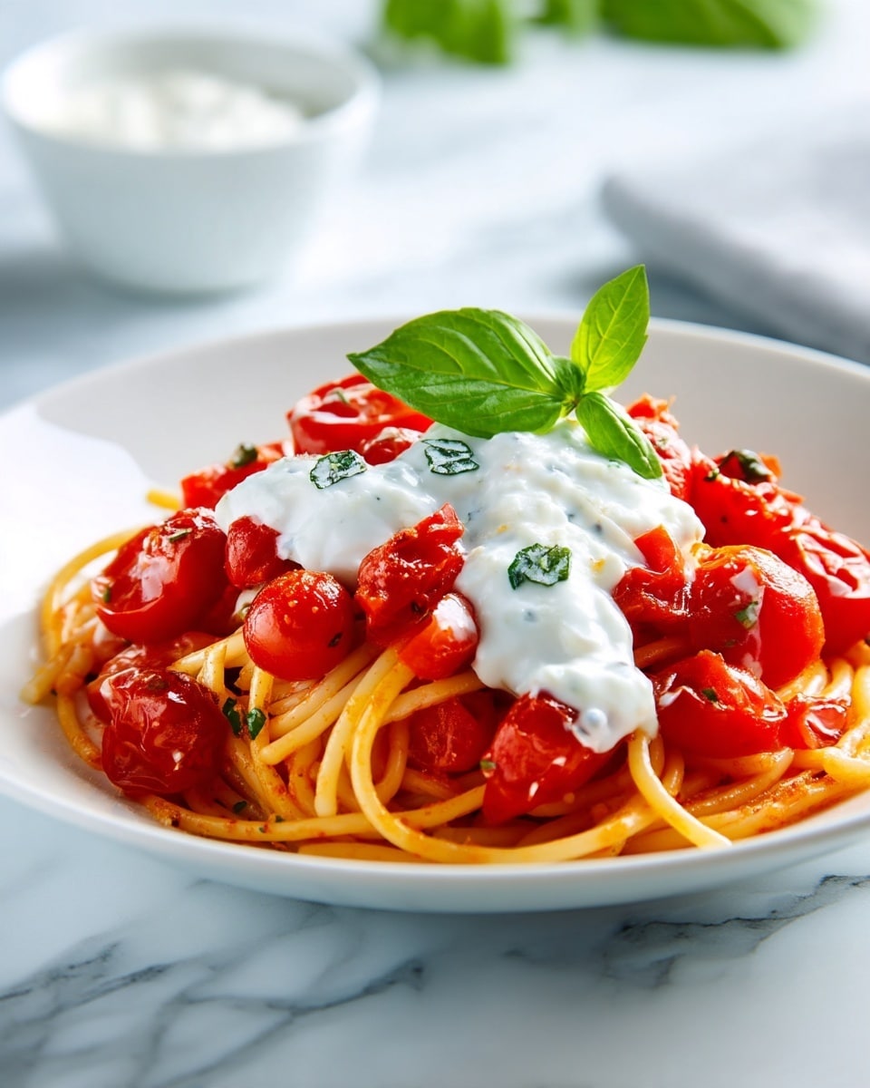 The dish shows a white plate with a serving of spaghetti as the first layer, light yellow in color and thin. On top of the spaghetti is a layer of cooked cherry tomatoes, bright red and soft with some green basil pieces mixed in. Over the tomatoes lies a thick dollop of creamy white ricotta cheese roughly spread across the center. The top is garnished with a fresh green basil leaf, adding a touch of brightness. The plate sits on a white marbled surface, with a small white bowl of grated cheese blurred in the background. photo taken with an iphone --ar 4:5 --v 7