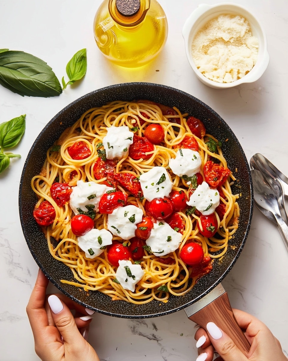 A pan filled with three layers of food is held by a woman's hands with white nail polish on a white marbled surface. The bottom layer is long, thin spaghetti with a light golden color, tossed with chunks of cooked, red tomato pieces scattered throughout. On top of the spaghetti and tomatoes, small white dollops of creamy cheese are spread out evenly, sprinkled with small pieces of green basil leaves. Around the pan are a clear glass bottle filled with yellow olive oil, a white bowl with grated cheese, and a white bowl with more cheese and a spoon. photo taken with an iphone --ar 4:5 --v 7