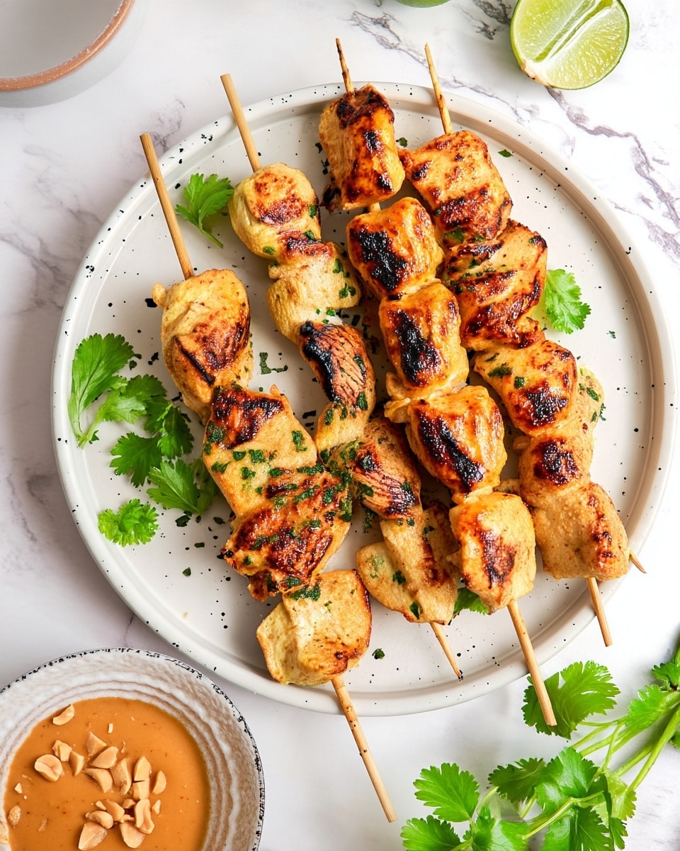 The image shows five grilled chicken skewers arranged on a white plate with black speckles. Each skewer has several pieces of golden brown chicken with char marks and sprinkled green herbs. Fresh cilantro leaves are scattered on and around the chicken, adding a bright green contrast. At the top right corner, there is a halved lime with a light green color, and the plate is set on a white marbled surface. Part of a white bowl filled with creamy orange peanut sauce topped with chopped peanuts is visible on the bottom left side. Photo taken with an iphone --ar 4:5 --v 7