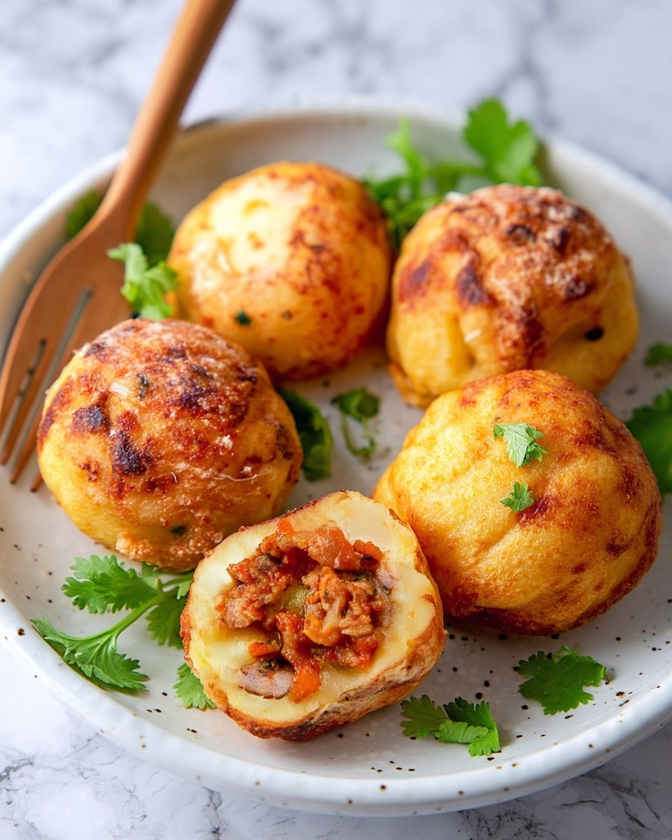 The image shows a white speckled ceramic plate holding five round, golden-brown fried balls with a crispy texture. Three of the balls are whole while two are cut in half, revealing a filling of minced meat mixed with small pieces of orange and green vegetables inside a soft, light beige outer layer. The plate is garnished with small sprigs of green herb leaves. Behind the plate, there is a white bowl filled with a chunky minced meat sauce and a greenish-brown ceramic cup containing a light creamy sauce, all placed on a white marbled surface with a soft pink cloth in the background. A wooden fork rests on the plate near the balls. Photo taken with an iphone --ar 4:5 --v 7
