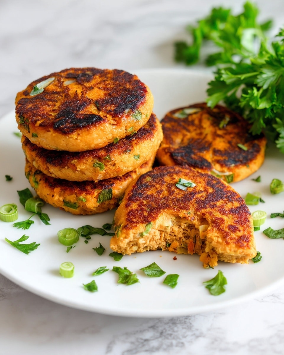 The image shows four golden-brown patties with a slightly crispy, browned surface stacked in a row on a white square plate. Each patty has a thick, round shape with a textured surface that hints at ingredients like herbs and grains inside. The patties are garnished with small pieces of chopped green onion, adding a fresh green touch on top and around them. In the background, some blurred green herbs add depth to the scene. The setting is a white marbled surface that contrasts with the warm colors of the patties, making them stand out brightly. photo taken with an iphone --ar 4:5 --v 7