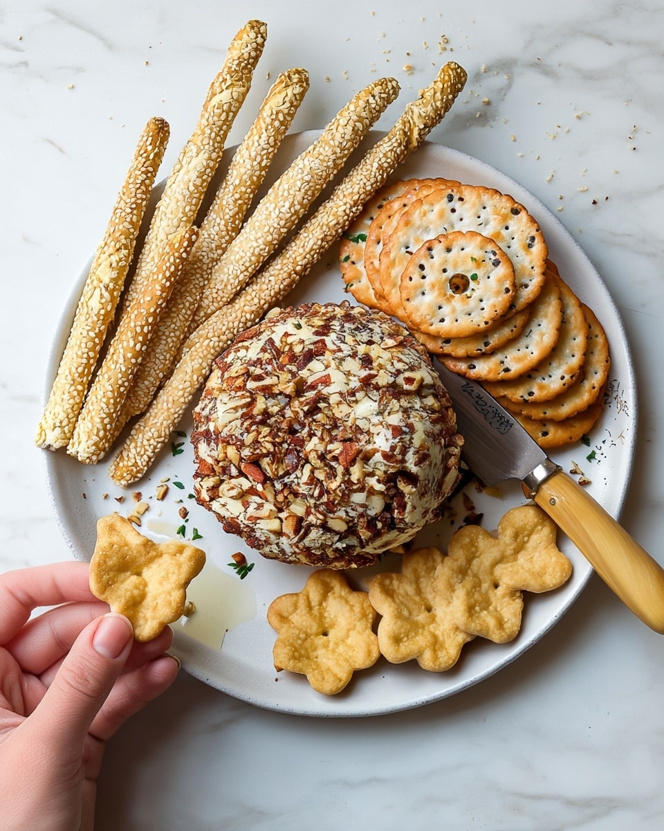 A white plate with five long, light brown sesame-covered breadsticks aligned at the top left, next to a round cheese ball coated with chopped nuts in the center. To the right side of the cheese ball, there are two layers of round, golden brown crackers topped with scattered white and black sesame seeds, and a knife with a light wooden handle placed partly under the cheese ball and crackers. At the bottom right, there are four fluted flower-shaped crackers, pale golden in color, and to the bottom left of the cheese ball, there are four slices of dark green and brown pickled vegetables arranged close together. The plate is on a white marbled surface with some scattered sesame crumbs around. photo taken with an iphone --ar 4:5 --v 7