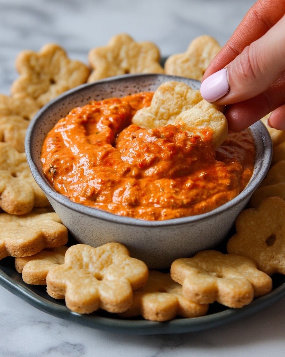 The image shows a dark slate serving plate filled with light golden brown flower-shaped crackers, each with a small hole in the center, arranged closely together on the left side of the plate. On the right side of the plate, a small white bowl with a speckled texture holds a thick orange dip with a slightly chunky texture and visible small bits, swirled smoothly on top. Below the plate, a beige napkin with thick blue stripes is gently folded, lying on a white marbled surface. In the lower right corner of the image, a small round white bowl holds a reddish sauce topped with red pepper flakes and seeds. photo taken with an iphone --ar 4:5 --v 7