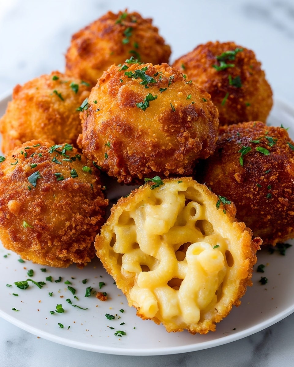 The image shows several round, golden-brown, crispy fried balls sitting on a white plate with a few small green herb bits sprinkled on and around them. One ball is cut open at the top, revealing a creamy, light-yellow macaroni and cheese filling inside with small pasta pieces clearly visible. The outer coating is textured and crunchy, contrasting with the smooth and soft inside. The whole scene is set against a white marbled surface. photo taken with an iphone --ar 4:5 --v 7
