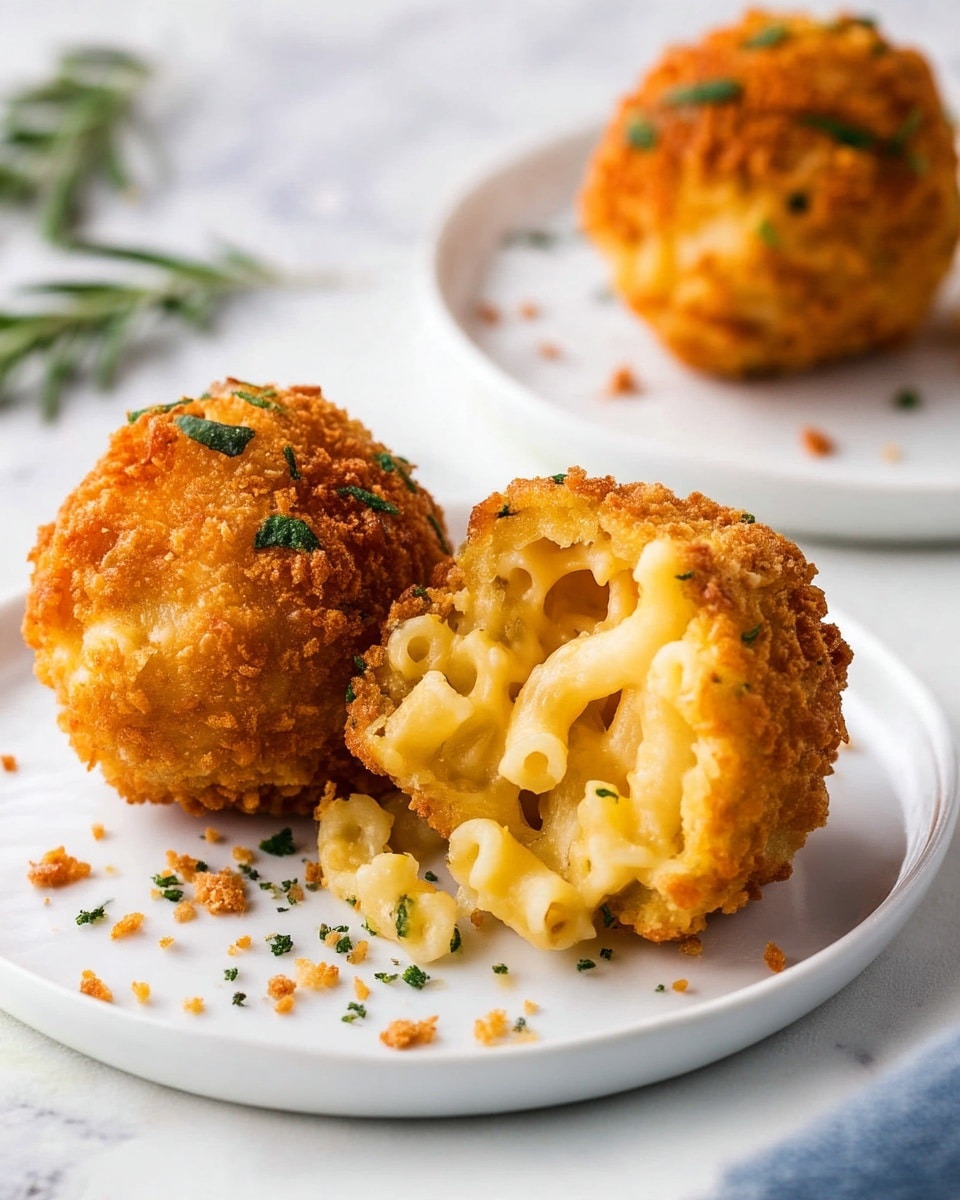 The image shows two golden-brown, round mac and cheese balls on a white plate set on a white marbled surface. One ball is whole with a crispy, textured outer crust, sprinkled with small green herb pieces, while the other is cut open, revealing a creamy, gooey inside filled with curly, pale yellow macaroni pasta coated in melted cheese. Small breadcrumbs and herbs are scattered lightly around the balls on the plate. In the background, a second plate with another mac and cheese ball is blurred out. Photo taken with an iphone --ar 4:5 --v 7
