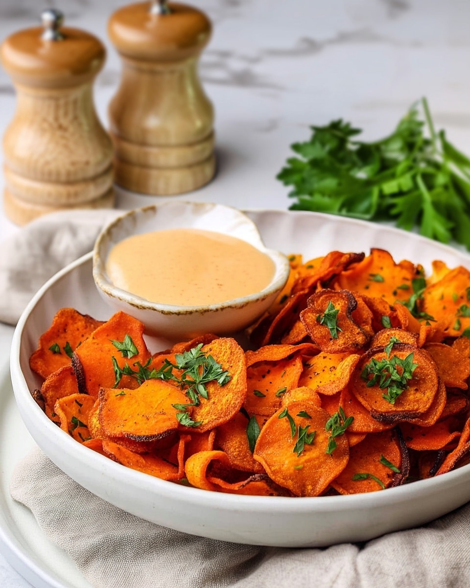 A white bowl filled with one layer of bright orange sweet potato chips that are crispy and slightly curled with some dark spots showing they are roasted; chopped green herbs are sprinkled evenly on top, adding a fresh color contrast. At the edge of the bowl, there is a separate white ceramic dish containing a creamy, light beige sauce with small red specks. The bowl is set on a white marbled surface. Photo taken with an iphone --ar 4:5 --v 7
