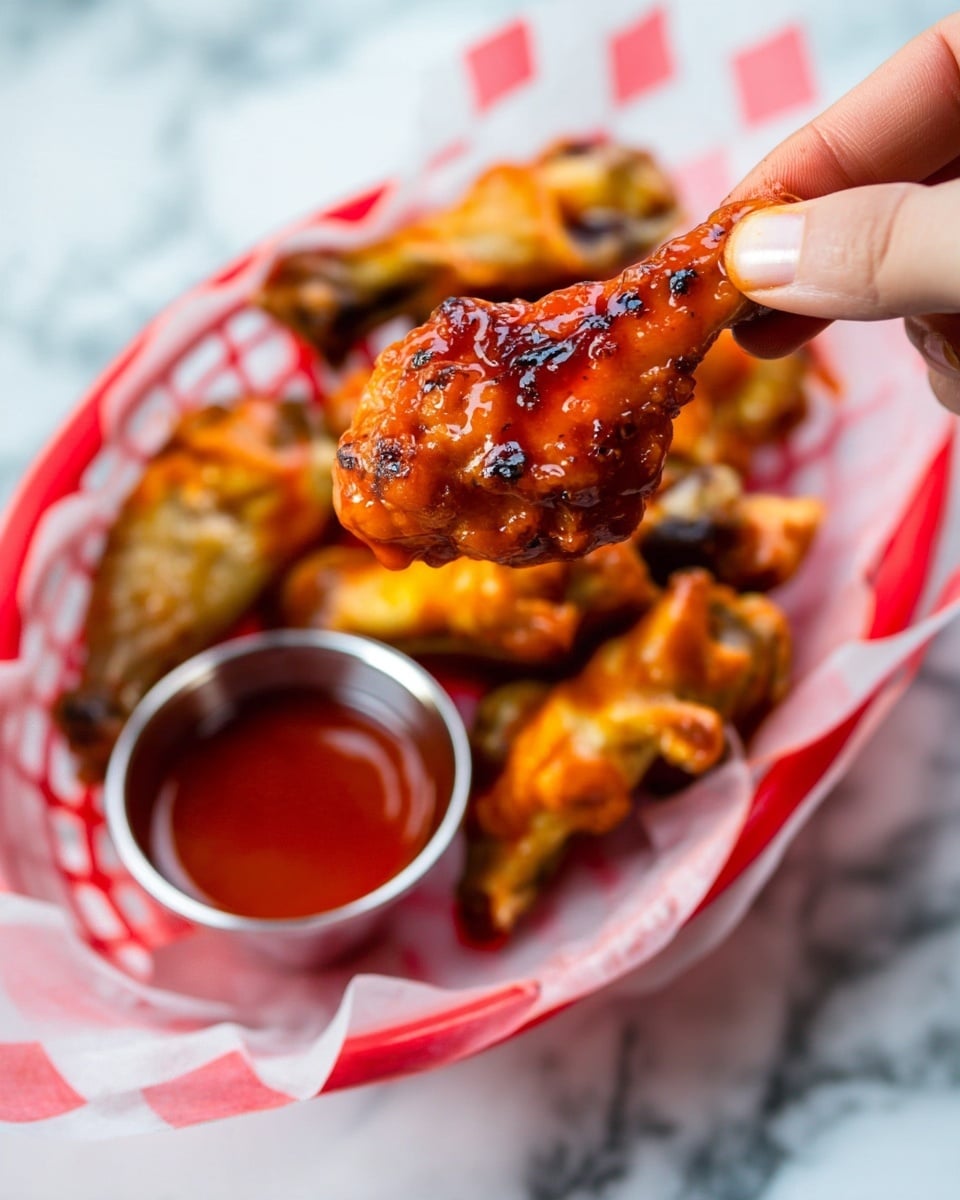 A close-up view shows a woman's hand holding a single glazed chicken drumstick coated in shiny orange sauce with a slightly charred texture. Below, a basket lined with red and white paper holds several more drumsticks coated in the same sauce, showing a mix of orange and brown colors with moist, crispy textures. In the bottom left, a small white dish filled with a dark red dipping sauce is partly visible. The background features a white marbled texture. Photo taken with an iphone --ar 4:5 --v 7