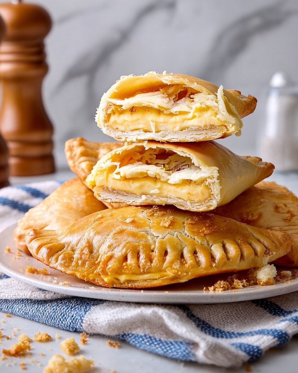 A close-up view shows a golden-brown hand pie being pulled apart by two woman's hands with pale pink nail polish, revealing stretchy melted cheese inside. The pie has a flaky, textured crust with fork-pressed edges and a slightly rough surface. The cheese inside is a vivid yellow, stringy, and gooey, flowing between the two halves. The background is a blurred white marbled texture with more pies partially visible, creating a cozy and appetizing scene. Photo taken with an iphone --ar 4:5 --v 7