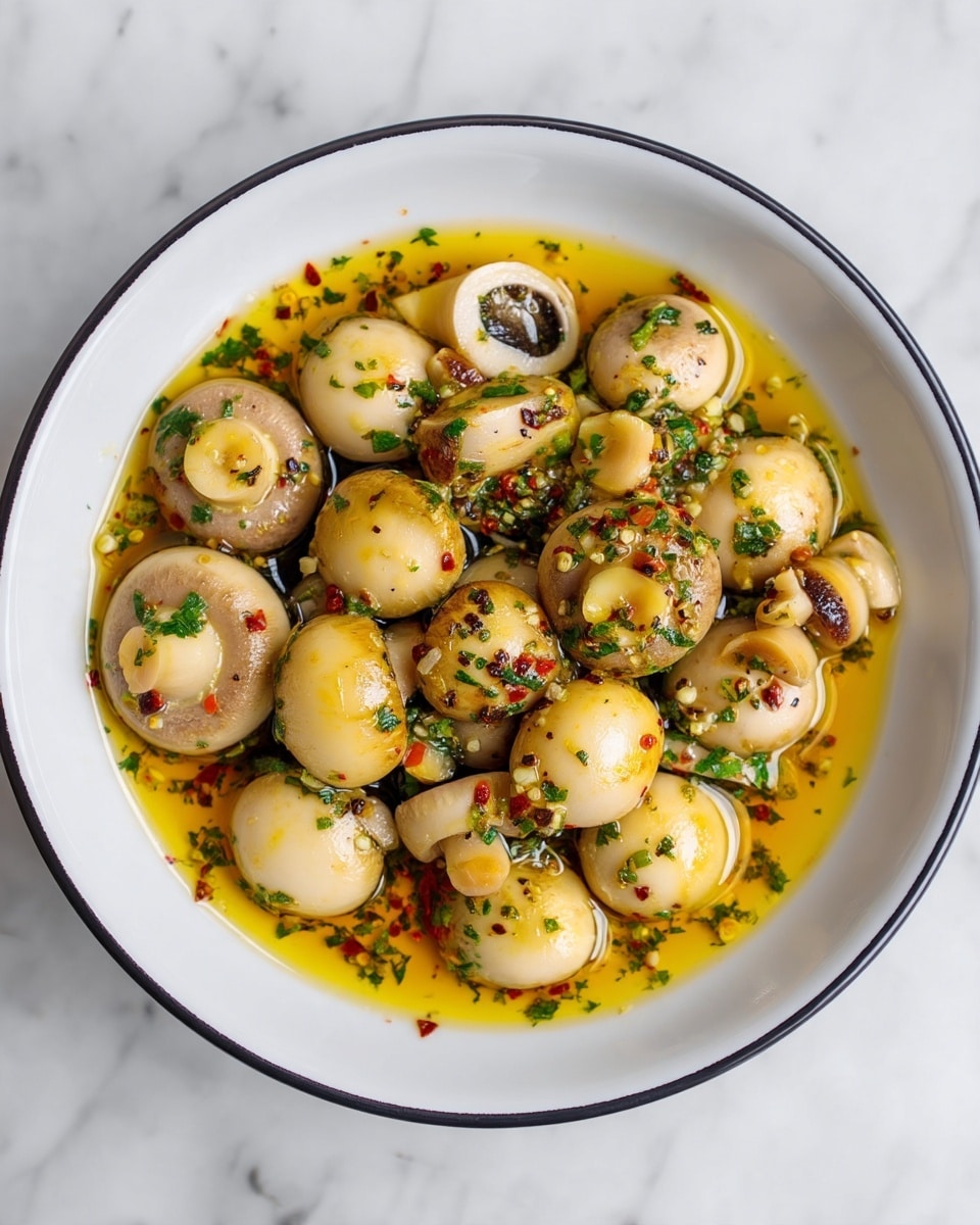 A white bowl with a thin black rim is filled with whole and sliced small mushrooms covered in a glossy golden olive oil sauce, sprinkled with finely chopped green herbs and small red chili flakes. The mushrooms are light beige with smooth, slightly shiny tops and dark gills visible in some of the sliced pieces. The sauce pools at the bottom, adding a shiny texture and a mix of green from the herbs and red dots from the chili. The bowl sits on a white marbled surface. photo taken with an iphone --ar 4:5 --v 7