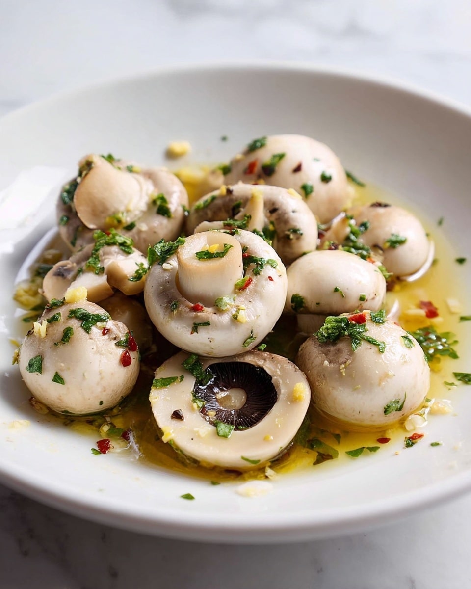 A close-up view of a shallow white bowl filled with whole and sliced small white mushrooms coated in an oily golden yellow sauce mixed with finely chopped green herbs and small red chili flakes. The mushrooms have a soft, slightly shiny texture, and are evenly spread throughout the bowl, sitting on a smooth white marbled surface. The sauce pools gently around the mushrooms, adding a glistening effect to the dish. photo taken with an iphone --ar 4:5 --v 7