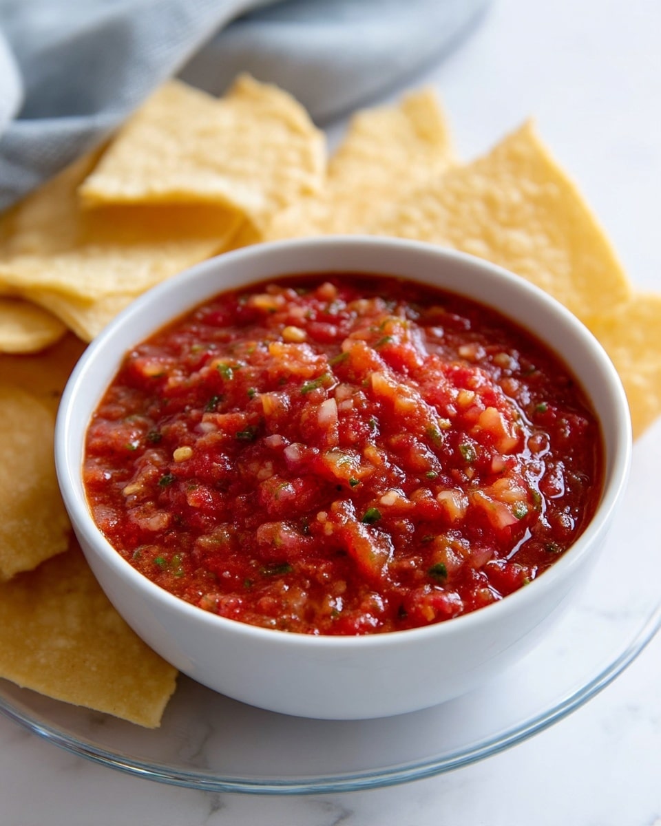The image shows a close-up of a white bowl filled with chunky red salsa that has visible bits of tomatoes, peppers, and herbs, creating a slightly watery but textured surface. Behind the salsa bowl, there is another white bowl filled with light golden, crisp tortilla chips that have rough and uneven edges. Both bowls are placed on a white marbled surface, giving a clean and bright background to the scene. photo taken with an iphone --ar 4:5 --v 7