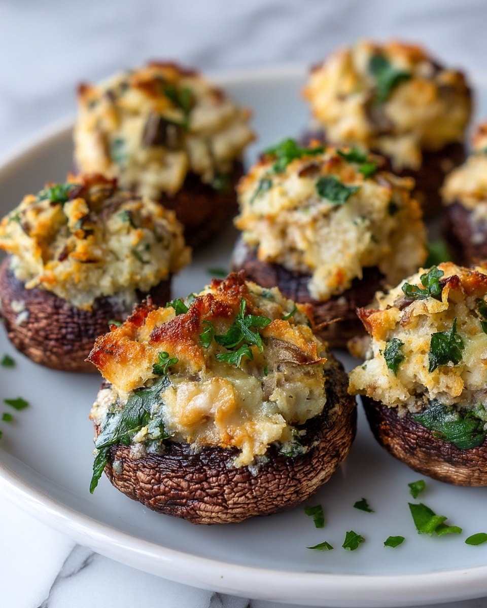 The close-up image shows a group of stuffed mushrooms on a white marbled texture with a white dish edge visible at the bottom. Each mushroom has a dark brown, textured base with a thick layer of light beige stuffing on top, which appears crumbly with small chunks and bits of green herbs mixed in. The stuffing has a slightly browned, crispy surface with soft and moist areas, creating a contrast in texture and color. Photo taken with an iphone --ar 4:5 --v 7