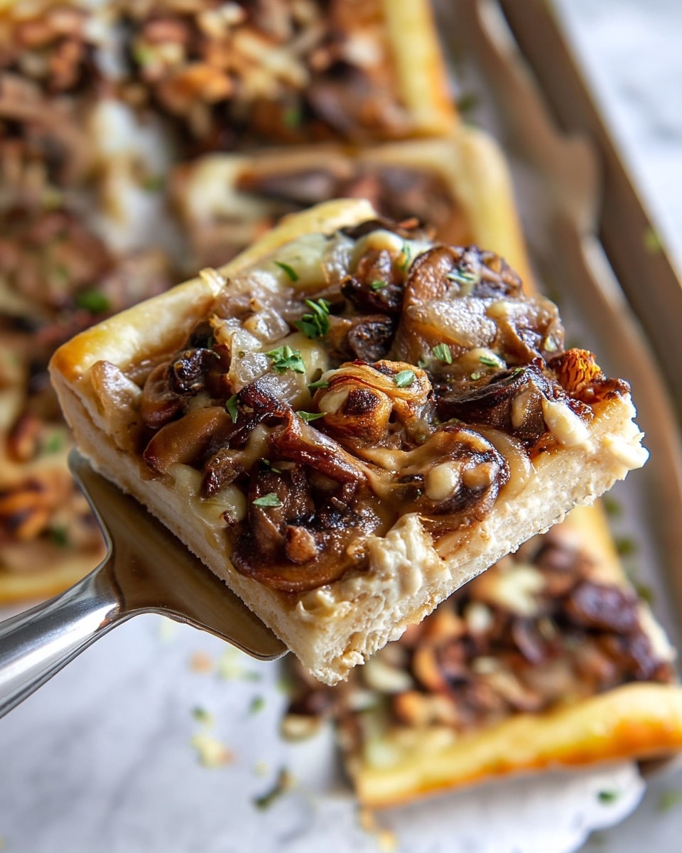 The image shows a rectangular mushroom tart cut into six square pieces, placed on a white parchment-lined tray. The tart has a thick, golden-brown puff pastry crust as the bottom and edges, with a slightly flaky texture. On top, there is one main layer of sautéed mixed mushrooms in various brown shades, cooked onions in translucent white pieces, and a sprinkle of melted, slightly browned cheese that looks creamy and stringy. There are small green herb leaves scattered over the top for a fresh touch. A utensil is sliding under one piece, lifting it slightly. The scene is set on a white marbled texture surface with some herbs scattered around. Photo taken with an iphone --ar 4:5 --v 7