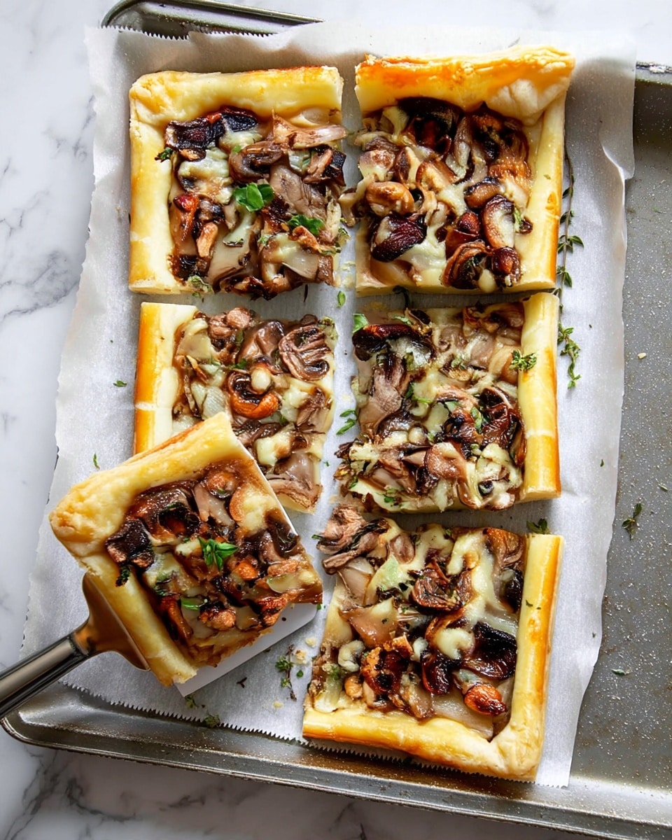 A close-up view of a rectangular slice of pizza held by a woman's hand on a metal spatula shows a thick, light golden crust at the base, topped with a generous layer of brown, cooked mushrooms mixed with caramelized light brown onions. Melted pale yellow cheese is spread unevenly over the mushroom mixture, with small patches visible among the toppings. The pizza appears soft and juicy, with herbs sprinkled lightly over the top. In the background, more slices of the same pizza are on a white marbled surface, slightly out of focus. Photo taken with an iphone --ar 4:5 --v 7