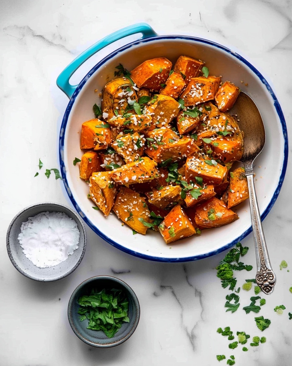 A white bowl with blue handles contains roasted orange sweet potato pieces cut into medium-sized chunks, topped with sprinkled white sesame seeds and green chopped herbs scattered unevenly over the potatoes. A silver spoon with a decorative handle rests inside the bowl on the right side. Below the bowl, two small gray bowls sit on a white marbled texture, one filled with coarse white salt and the other with chopped green herbs. Some herbs are scattered around the bowl on the surface, creating a casual and fresh look. photo taken with an iphone --ar 4:5 --v 7