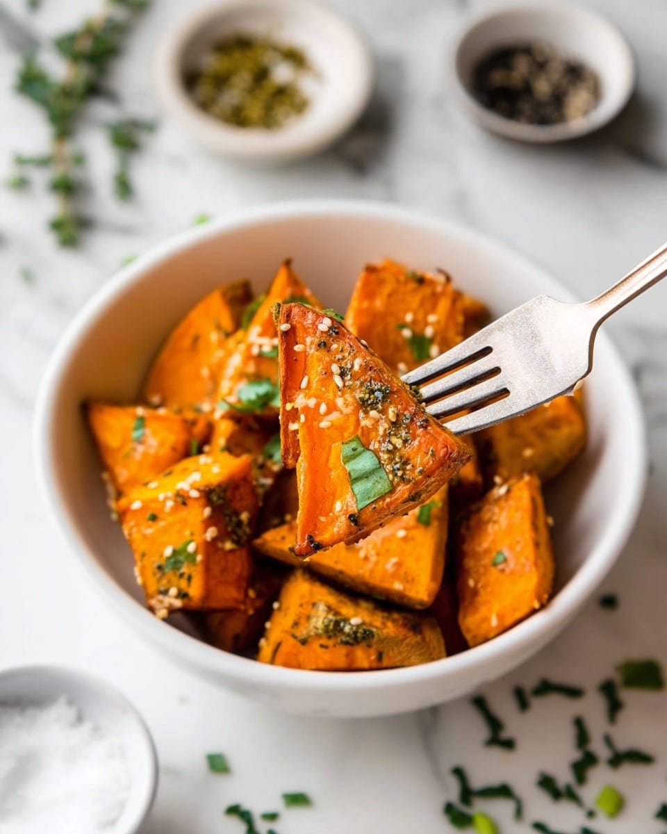 A white bowl filled with several pieces of orange roasted sweet potatoes, each piece having a slightly crispy texture and sprinkled with green chopped herbs and sesame seeds. One triangular piece of sweet potato is held up by a silver fork, showing the orange inside with bits of green herb on top. The background is a white marbled surface with some scattered green herbs and two small bowls, one containing salt and the other dark contents, slightly blurred. photo taken with an iphone --ar 4:5 --v 7