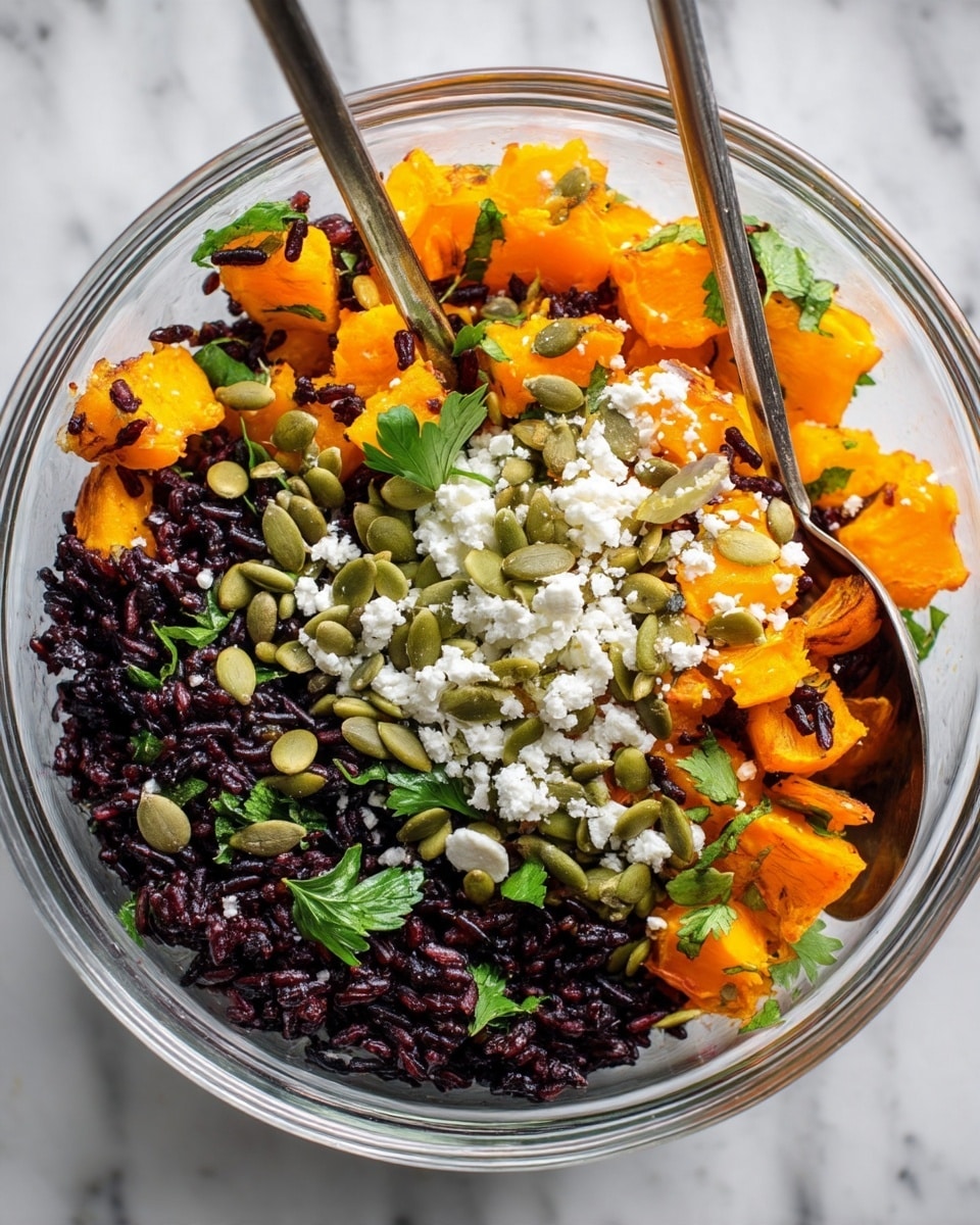 A clear bowl filled with a colorful mixed salad, showing three main layers: bright orange roasted pumpkin chunks with a soft texture, dark purple black rice grains that are slightly sticky, and a topping layer of crumbled white cheese, green pumpkin seeds, and fresh green parsley leaves scattered evenly. Two metal spoons are placed inside the bowl, gently resting among the ingredients. The bowl sits on a white marbled surface. photo taken with an iphone --ar 4:5 --v 7