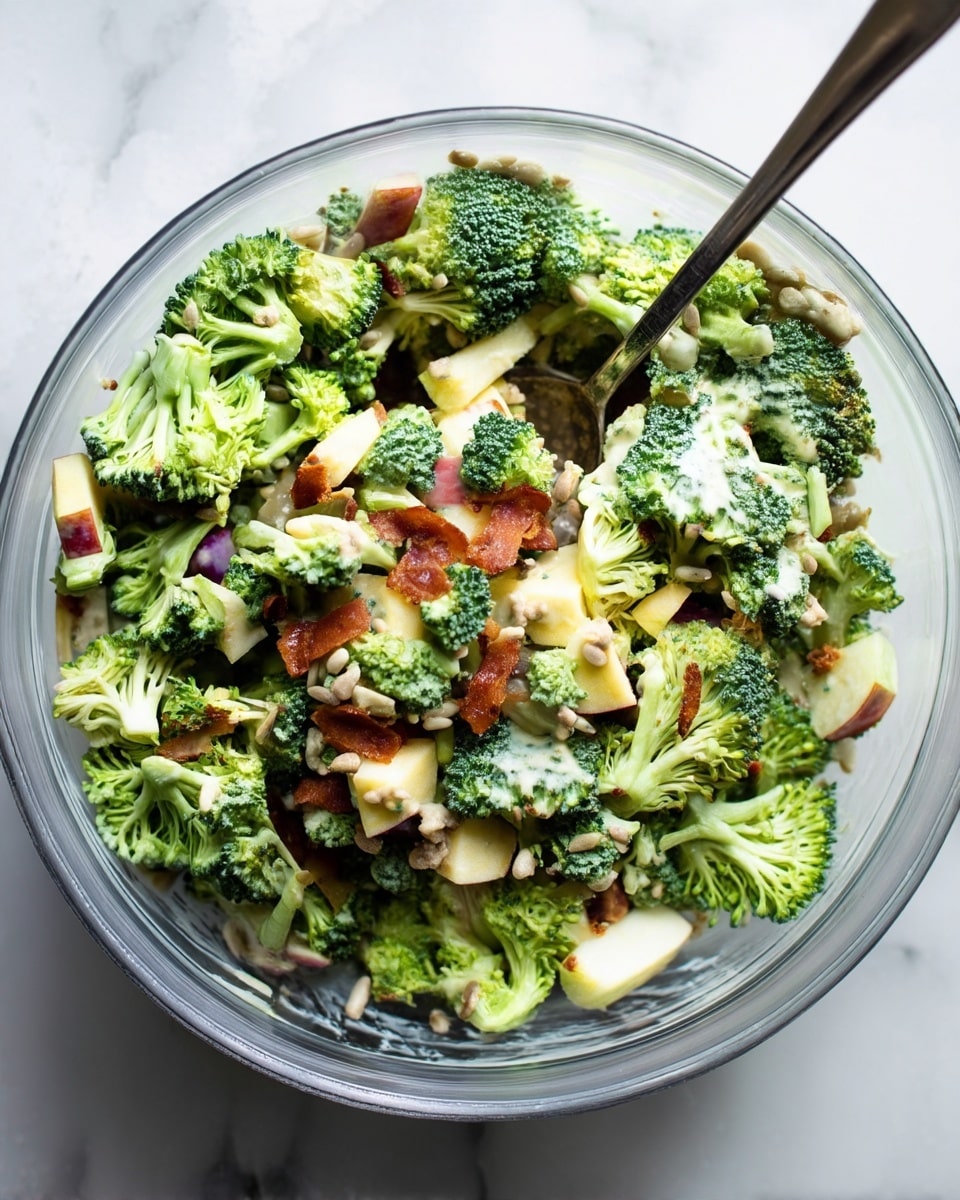 A close-up view of a broccoli salad in a clear glass bowl placed on a white marbled surface, showing roughly four main layers: bright green broccoli florets with a slightly rough texture, creamy white dressing drizzled unevenly on top, small chunks of light yellow apple pieces with red skin edges scattered throughout, and crisp brown bacon bits interspersed within. Sunflower seeds dot the salad adding small cream-colored spots, and a metal spoon rests inside the bowl, partially buried in the layers. Photo taken with an iphone --ar 4:5 --v 7