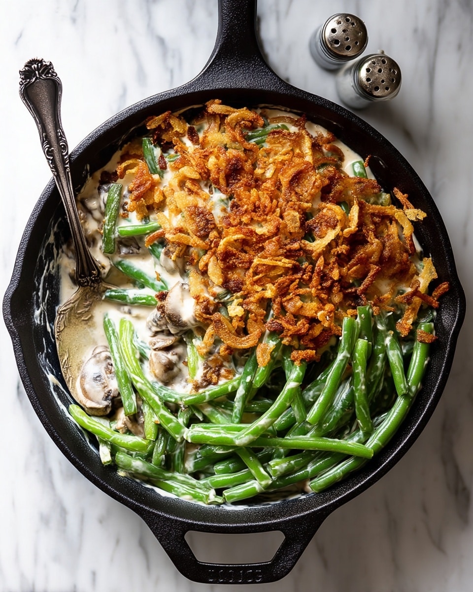 A black cast iron skillet filled with a creamy green bean casserole, featuring three layers: the bottom layer of fresh, bright green beans, the middle layer of a thick, white creamy mushroom sauce with visible mushroom slices, and the top layer of crispy, golden-brown fried onions or breadcrumbs sprinkled evenly for texture. A vintage silver spoon rests inside the skillet on the left side. The skillet sits on a white marbled surface with a salt and pepper shaker nearby. Photo taken with an iphone --ar 4:5 --v 7