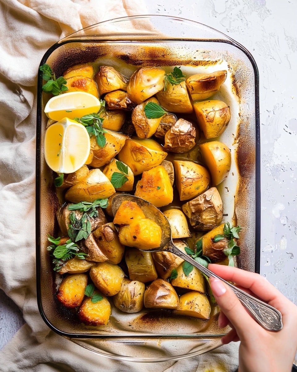 The image shows a glass baking dish filled with about twenty pieces of roasted potatoes, cut into medium-sized chunks with a golden-brown crispy skin and soft orange-yellow inside. The potatoes are arranged close together, with some fresh green herbs scattered on top, adding contrasting color. Two lemon wedges with bright yellow flesh rest on the side of the potatoes. A woman's hand is holding a spoonful of one potato piece, while another woman's hand steadies the baking dish from above. The background is a white marbled texture with a beige cloth under the baking dish. Photo taken with an iphone --ar 4:5 --v 7
