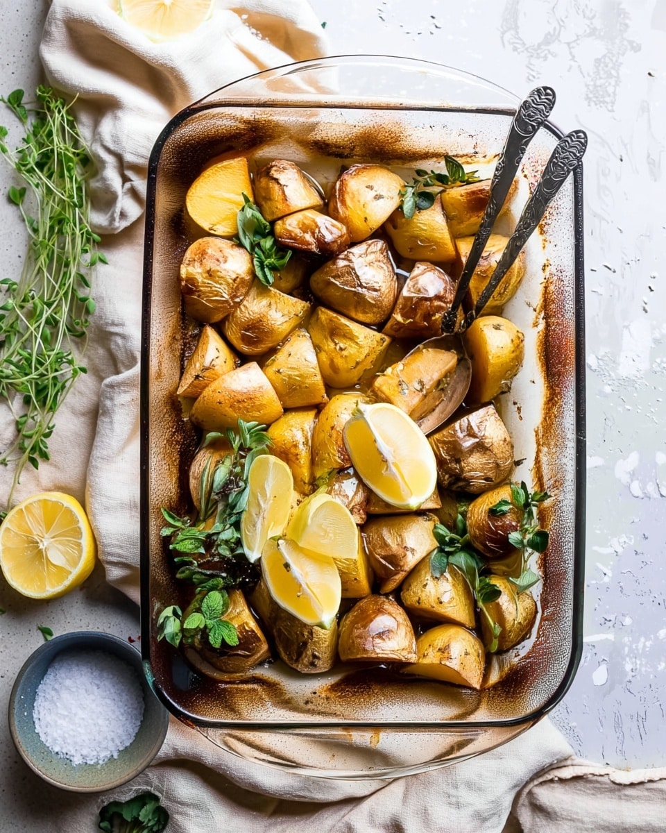 A glass baking dish is filled with golden brown roasted potato wedges, each piece showing a crispy textured skin and soft interior. Scattered among the potatoes are fresh green herb sprigs and bright yellow lemon wedges resting near the bottom left corner. A tarnished silver spoon with a detailed handle is partially digging into the potatoes from the top right side. The dish sits on a light beige cloth draped over a white marbled surface, which also has loose green herb sprigs and lemon halves nearby. A small gray bowl filled with coarse salt is placed in front of the baking dish. Photo taken with an iphone --ar 4:5 --v 7