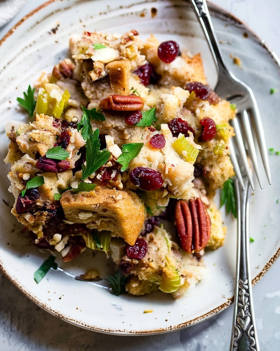 A close-up view of a portion of bread stuffing served on a white plate with a rustic brown rim, placed on a white marbled textured surface. The stuffing has chunks of light golden brown bread as the base layer, mixed with chopped celery and herbs that add a varied green color. Scattered throughout are deep red dried cranberries and whole pecan halves, giving a mix of dark red and brown shades. The texture is crumbly with some soft and moist parts, topped with small bits of fresh green parsley. A silver fork rests on the plate’s edge, adding a touch of shine to the composition. Photo taken with an iphone --ar 4:5 --v 7