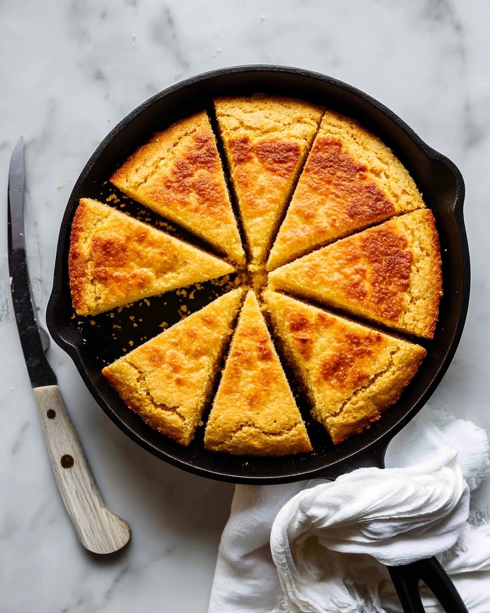 A round skillet holds a golden brown baked cornbread, cut into six triangle slices with one slice removed and placed off to the side. The cornbread has a slightly crumbly texture on top, showing a warm, inviting crust. The black skillet sits on a white marbled surface, with a white cloth wrapped around the skillet handle. To the left of the skillet is a knife with a metal blade and a light wooden handle. The scene has a simple, clean look with soft lighting that highlights the warm tones of the cornbread. photo taken with an iphone --ar 4:5 --v 7
