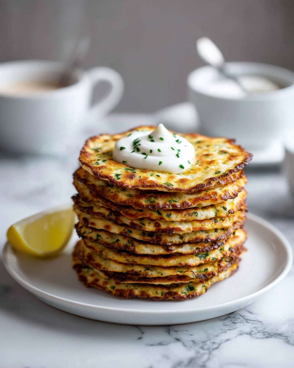 A stack of thin, crispy pancakes with a golden-brown color and rough texture is placed on a white plate on a white marbled surface. There are about eight pancakes, each showing some green herb bits in them, giving a speckled look. The top pancake has a dollop of smooth, white cream that appears light and fluffy. To the left side of the plate, a slice of bright yellow lemon adds a pop of color. In the blurry background, a spoon is resting inside a plain white cup or bowl. The overall scene has soft, natural lighting with a clean and simple look. photo taken with an iphone --ar 4:5 --v 7