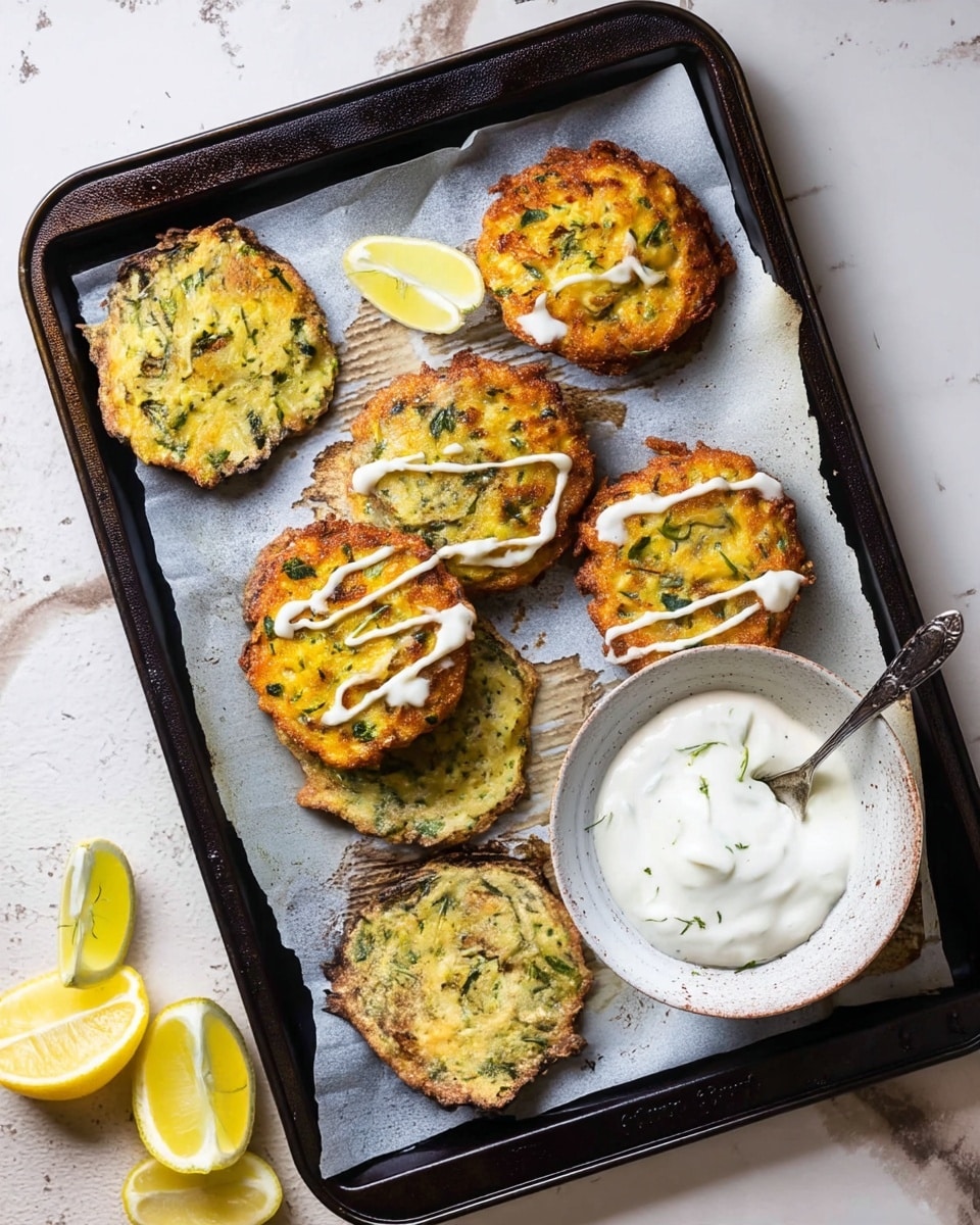 A dark baking tray lined with white parchment paper holds seven round, golden-brown fritters with crispy edges and visible green herb flecks inside. Three of the fritters have drizzles of white sauce on top. Near the bottom right corner of the tray is a white bowl filled with creamy white sauce topped with small green herb pieces, with a spoon inside. On the left side of the tray, there are two lemon wedges placed a little below the fritters. The tray is set on a white marbled surface sprinkled with more lemon wedges around its edges. photo taken with an iphone --ar 4:5 --v 7