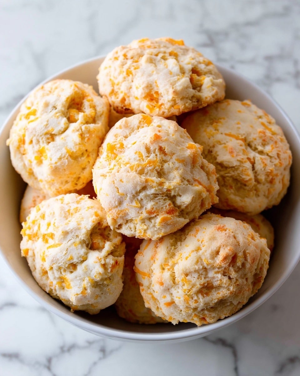 A close-up view of several round, rough-textured biscuits piled in a white bowl, each biscuit showing a pale beige color with small pieces of shredded orange cheese scattered throughout the dough, giving a speckled appearance; the biscuits have uneven tops with cracks and a slightly crumbly texture, resting against each other inside the bowl, which sits on a white marbled surface. photo taken with an iphone --ar 4:5 --v 7