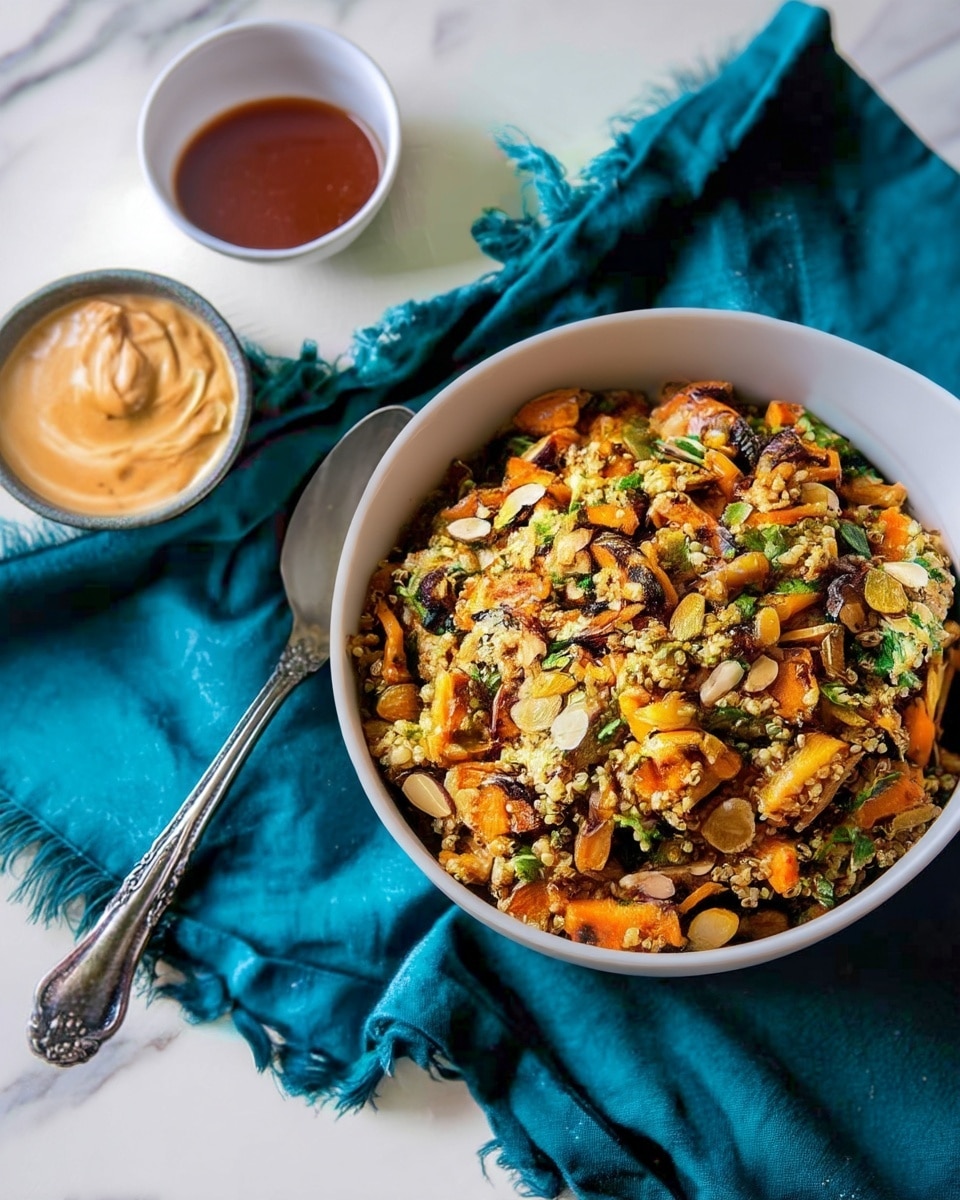 A white bowl filled with a mixed dish showing several layers of texture and color: small grains of quinoa or couscous form the base, light tan with a fluffy texture; scattered within are roasted orange sweet potato chunks with slightly charred edges; green herbs and small leafy bits are mixed evenly throughout; thin off-white almond slices are sprinkled on top along with golden raisins, adding a shiny contrast; the bowl rests on a crumpled teal cloth on a white marbled surface, with a silver spoon beside the bowl and two small white bowls with sauces partly visible in the background. photo taken with an iphone --ar 4:5 --v 7