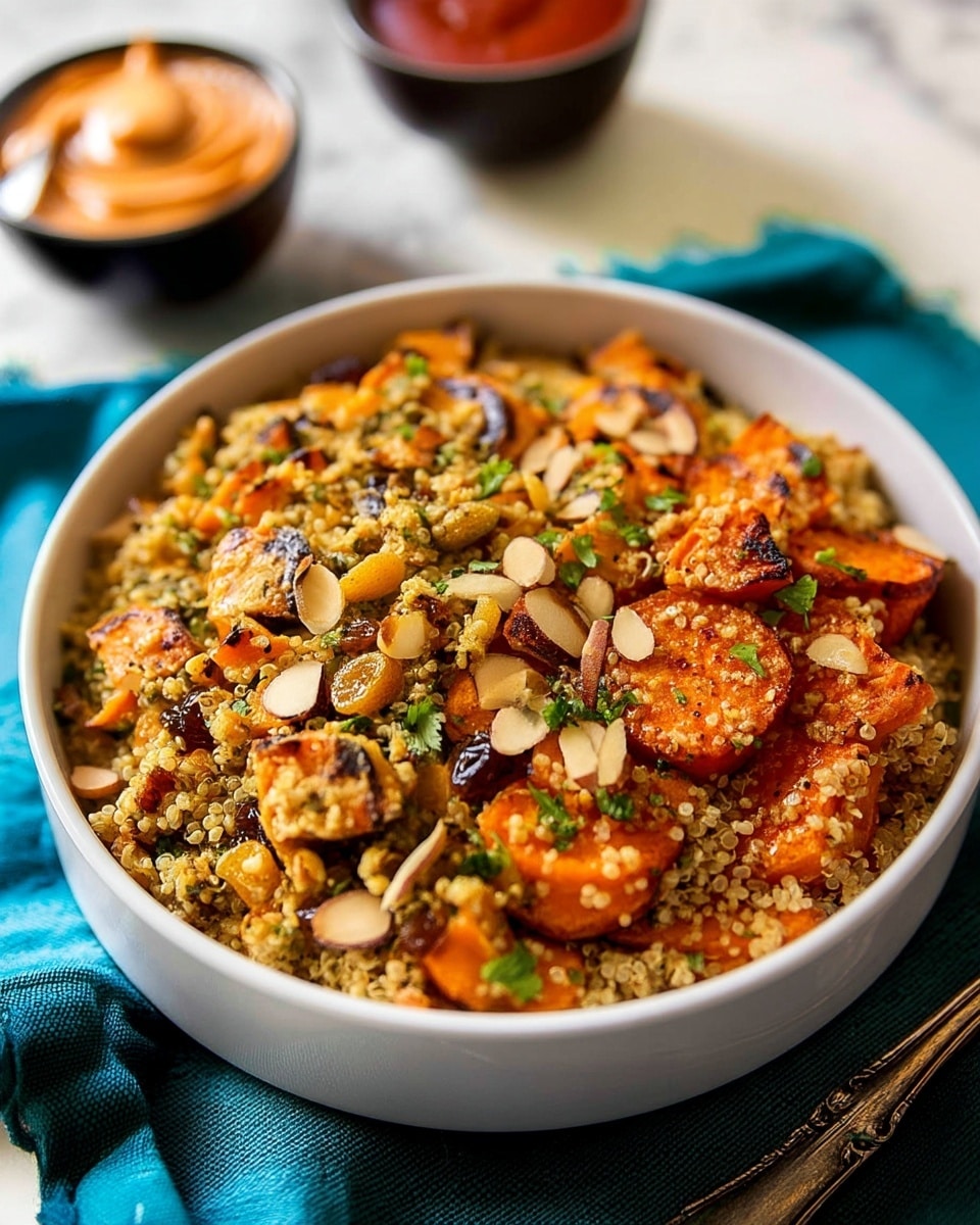 A large white bowl filled with a colorful quinoa salad, layered with bright orange grilled sweet potato chunks, yellow raisins, and green herbs scattered throughout, topped with light brown sliced almonds. The quinoa base looks fluffy and mixed with small pieces of green and black, likely seeds or herbs. In the blurred background, two small black bowls hold creamy beige and pinkish sauces. The bowl sits on a deep teal cloth over a white marbled surface. photo taken with an iphone --ar 4:5 --v 7