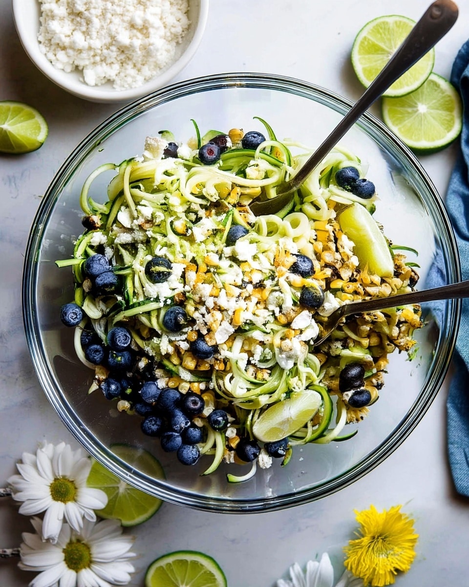 A clear glass bowl filled with three main layers: spiralized green zucchini noodles as the base, scattered lightly charred golden corn kernels, and fresh dark blue blueberries, all topped with small white crumbles of cheese. Two lime wedges rest inside the bowl, visible among the layers. A silver spoon is placed in the bowl, mixing the ingredients. Around the bowl on a white marbled surface are lime wedges, a small white bowl with creamy white cheese, and white and yellow flowers adding a fresh touch. Photo taken with an iphone --ar 4:5 --v 7