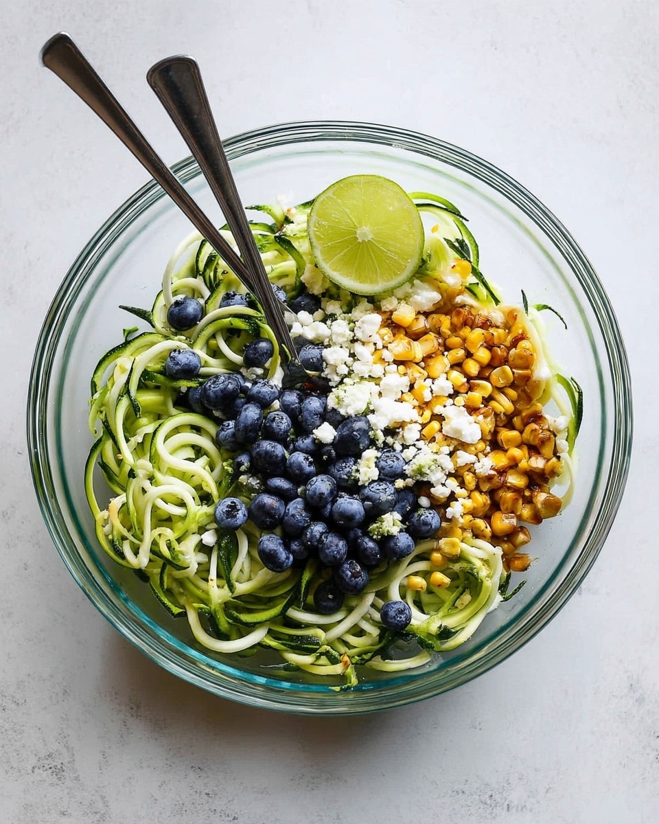 A clear glass bowl holds a fresh salad with three main layers: at the bottom are green spiralized zucchini noodles with a smooth, slightly glossy texture; scattered on top are roasted corn kernels that are golden brown with some charred bits, adding a coarse texture; finally, small white crumbles of feta cheese and plump, deep blue blueberries are spread across the top, with a wedge of lime resting on one side. Two metal spoons are placed inside the bowl, and the whole setup lies on a white marbled surface. photo taken with an iphone --ar 4:5 --v 7