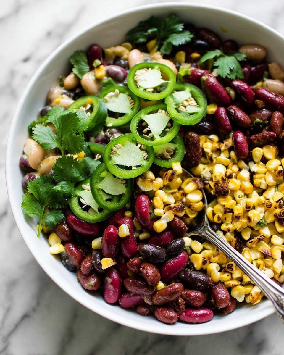 A close-up view of a mixed bean and corn salad served in a round white bowl with an orange rim, showing three main layers: at the bottom, there is a creamy sauce that coats the ingredients; the middle layer is a combination of white, black, and red kidney beans with grilled yellow corn kernels scattered evenly; the top layer includes sliced bright green jalapeño peppers, fresh cilantro leaves, and a lime wedge on the side. A vintage silver spoon rests inside the bowl, partially buried in the salad. The background is a white marbled texture. Photo taken with an iphone --ar 4:5 --v 7