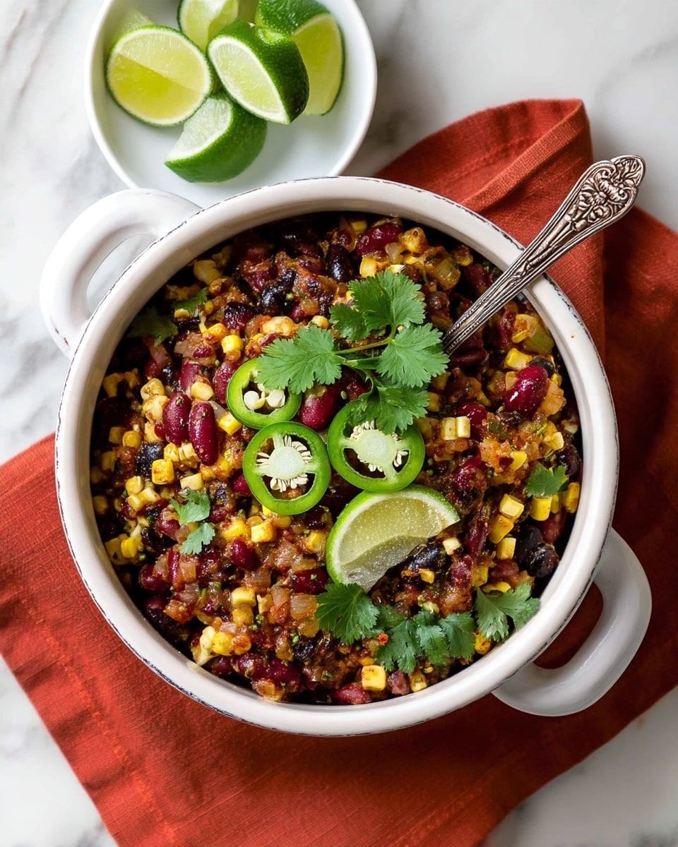 A bowl filled with a colorful layered bean salad, showing three types of beans – red kidney beans, black beans, and white beans – mixed with bright yellow corn kernels, all coated in a creamy dressing. The dish is garnished with fresh green cilantro leaves and thin slices of bright green jalapeño peppers, along with two lime wedges on one side. The salad is in a round, orange bowl with two white handles on a white marbled surface, set on top of a rust-colored cloth. Nearby, there is a halved avocado with a visible seed on the left and a small white dish with lime wedges on the right. A vintage silver spoon is placed inside the bowl. Photo taken with an iphone --ar 4:5 --v 7
