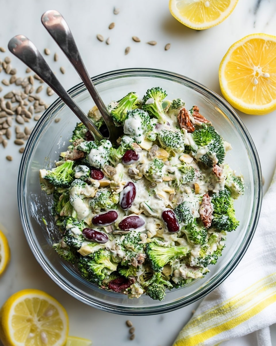A large clear glass bowl filled with a creamy broccoli salad showing multiple layers of bright green broccoli florets mixed with white creamy dressing, dark red kidney beans, and small bits of light brown nuts or seeds. Two silver spoons stand inside the bowl, one near the edge and one more centered. Around the bowl, there is a jar with brown sunflower seeds, scattered seeds on a white marbled texture, and two lemon wedges on the right with a white cloth that has yellow stripes. photo taken with an iphone --ar 4:5 --v 7
