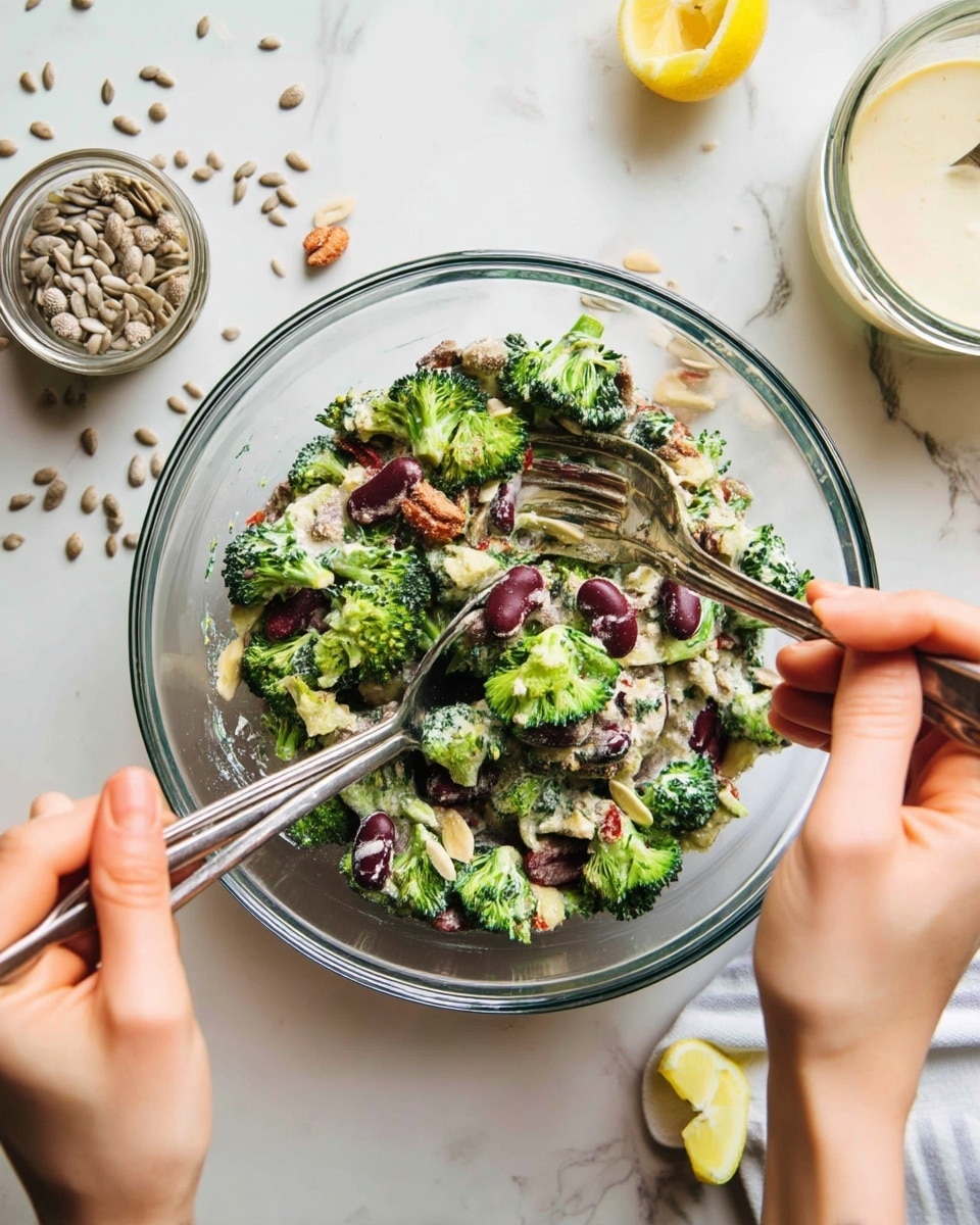 A clear glass bowl holds a mixed salad with multiple layers including green broccoli florets, dark red kidney beans, light beige crumbled nuts or seeds, and finely chopped onions, all coated with a creamy white dressing, giving a textured and fresh look. Two silver spoons are seen mixing the salad, held by two woman's hands over a white marbled surface, with scattered sunflower seeds and lemon wedges near the bowl. photo taken with an iphone --ar 4:5 --v 7