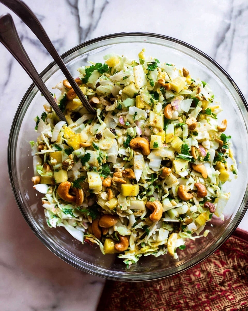 A large clear glass bowl filled with a mixed salad containing chopped white cabbage, small yellow pineapple chunks, green herbs, and light brown cashew nuts, creating a fresh and colorful texture with crunchy and juicy elements. Two black spoons stand inside the bowl, surrounded by a folded brown cloth napkin on a white marbled surface in the background. The mix of cabbage leaves, fruit pieces, and nuts is scattered evenly through the bowl, showing a variety of textures from soft to crispy. photo taken with an iphone --ar 4:5 --v 7