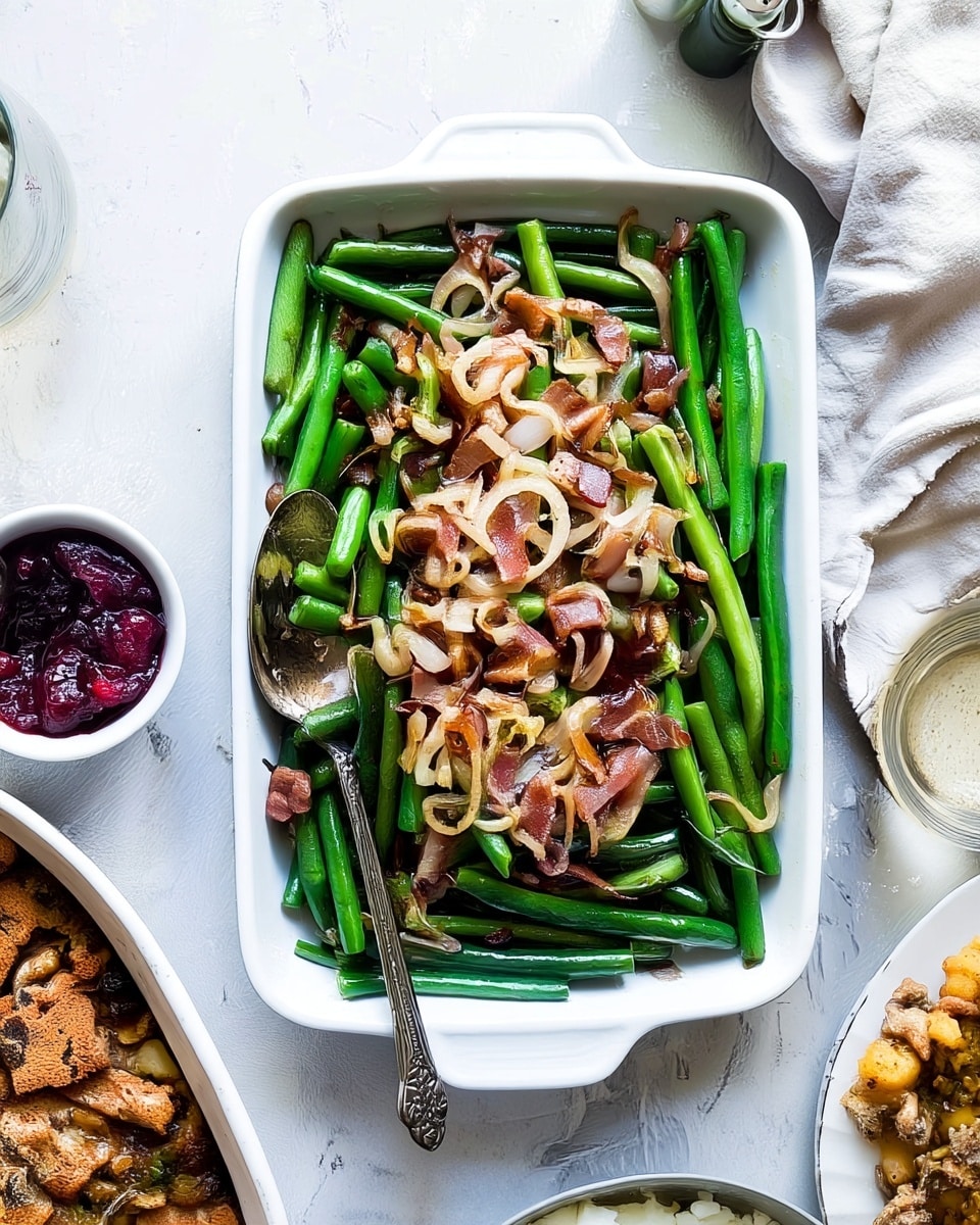 A white rectangular dish filled with bright green cooked green beans, topped with a mix of light golden caramelized onions and crispy brown bacon pieces scattered on top, with a silver serving spoon partially placed inside the dish on the left side. The dish sits on a white marbled surface. On the left side, there is a small white bowl with dark red and purple chunky cranberry sauce and a glass of water with some water in it. On the right side, there are salt and pepper shakers sitting near a beige cloth napkin, and at the bottom right corner, a white bowl filled with creamy mashed potatoes with a silver spoon inside. At the bottom left, a partial view of a white dish filled with brown stuffing is visible. photo taken with an iphone --ar 4:5 --v 7