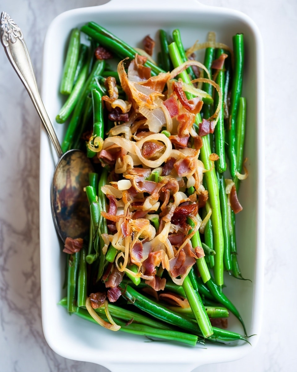 The dish shows a white rectangular ceramic baking dish filled with bright green whole green beans as the base layer, topped with a mix of thin, translucent golden-brown caramelized onions, and small crispy pieces of dark pink prosciutto scattered evenly on top. A vintage silver spoon rests on the left side, partially submerged in the green beans. The scene is set on a white marbled surface, creating a clean and fresh look. Photo taken with an iphone --ar 4:5 --v 7
