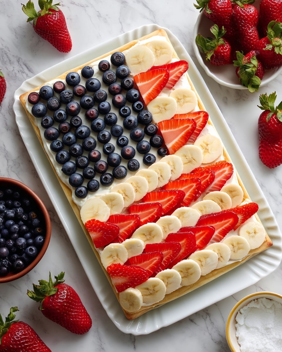 A rectangular dessert styled like the American flag sits on a white plate, placed on a white marbled surface. The base appears to be a light golden crust, topped with a smooth white cream layer. On the top left corner, a square of fresh blueberries is tightly packed to resemble the star field, with shiny deep blue colors. The rest of the rectangle is decorated with alternating horizontal stripes of thinly sliced red strawberries and pale yellow banana slices, arranged neatly in five rows. Around the dessert, there are a few whole strawberries with green leaves, a small bowl of blueberries, and a small bowl of white powdery sugar visible. Photo taken with an iphone --ar 4:5 --v 7