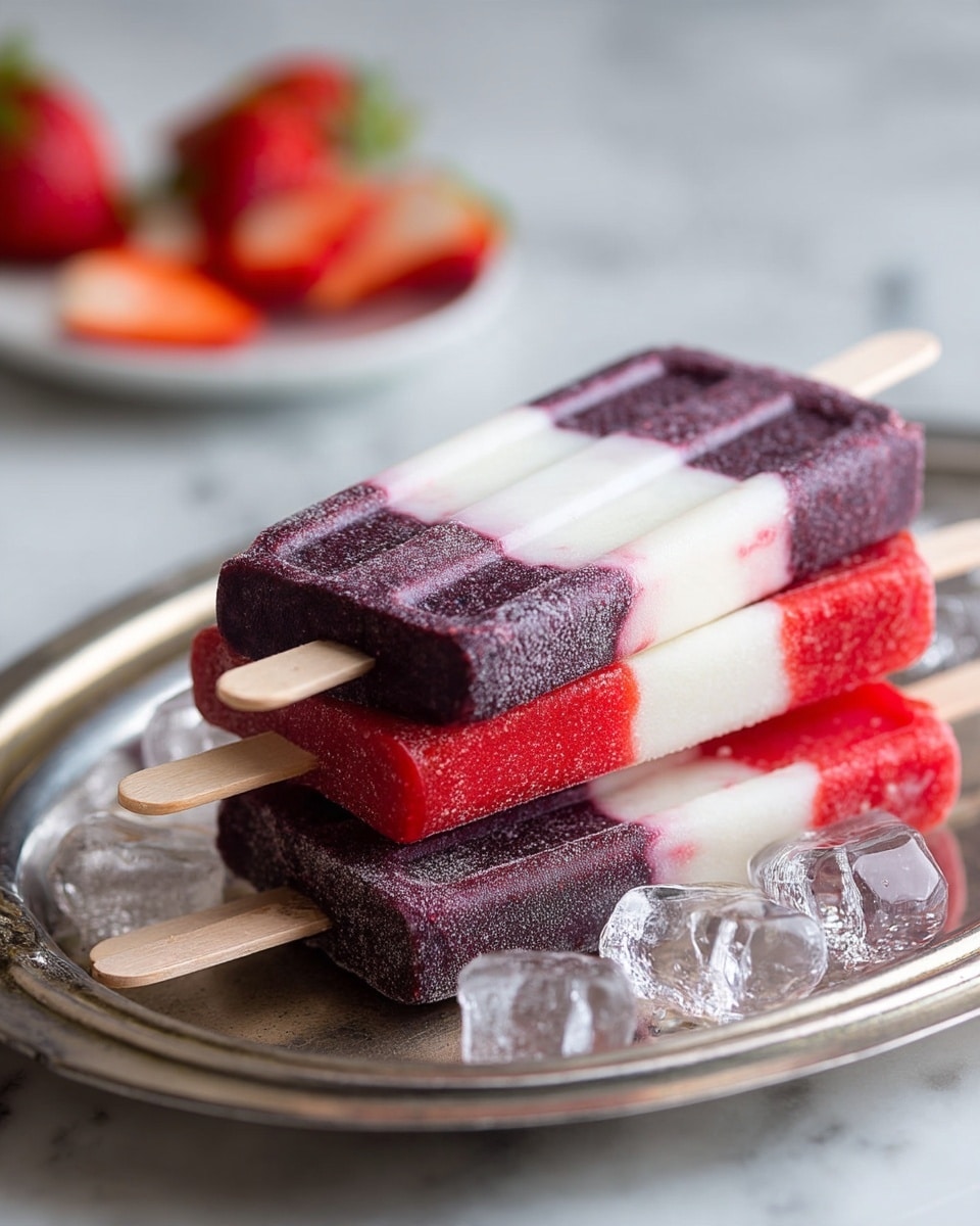 The image shows frosted popsicles with three visible layers placed on a silver tray with some ice cubes. The bottom layer is a deep red color with a slightly rough texture, the middle layer is smooth and white, and the top layer is a dark purple with a grainy texture. In the blurry background, there are halved strawberries on a white marbled surface. The popsicles have wooden sticks, and the whole setup has a fresh, cool look. photo taken with an iphone --ar 4:5 --v 7