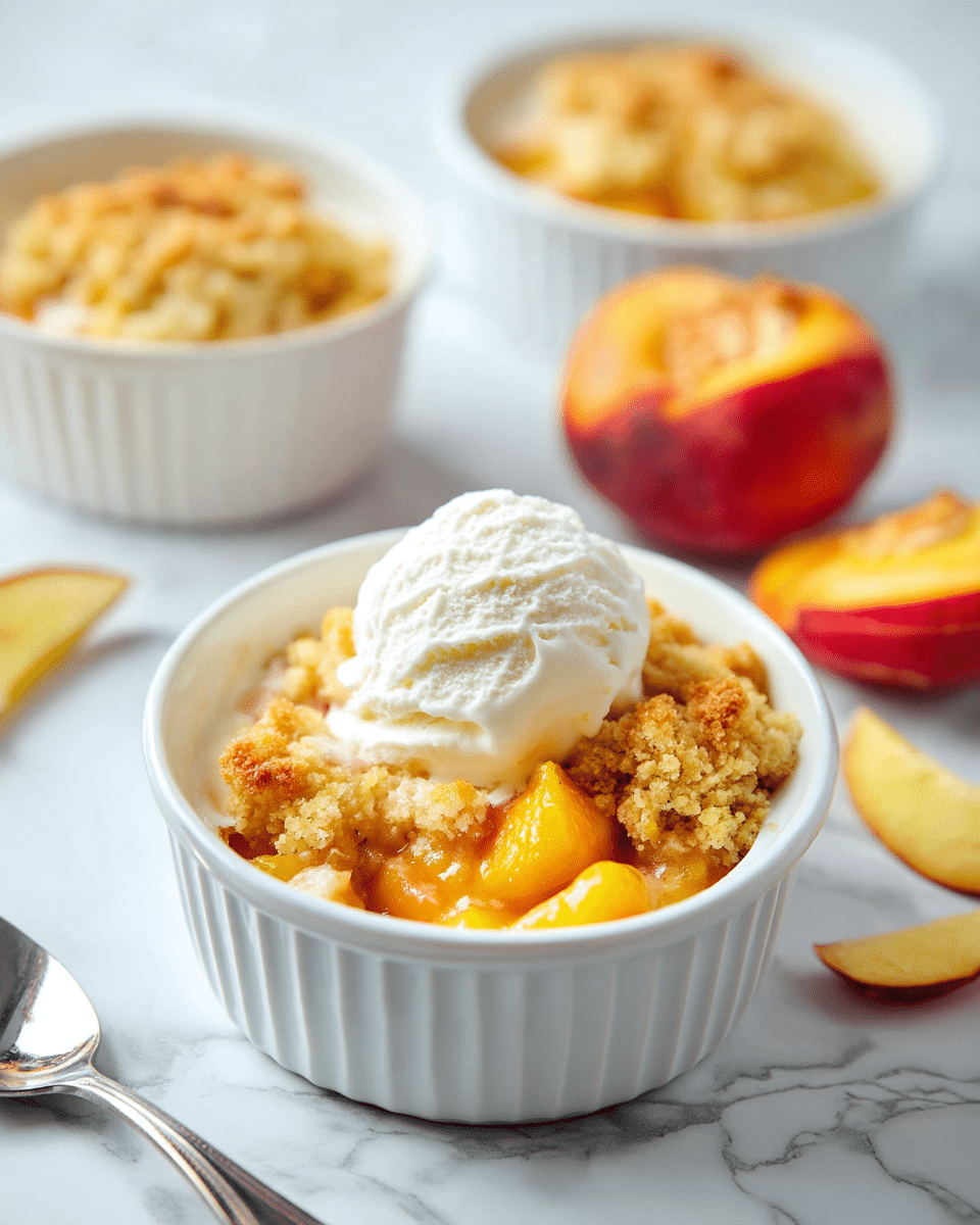 The dish is a peach cobbler served in a black ceramic round pan with two small handles. It has one thick layer with a golden-brown baked topping, crispy and slightly uneven in color, showing some darker toasted spots. A corner is scooped out, revealing juicy, soft peach slices in a light syrup underneath the crust, showing a mix of yellow and light orange colors contrasted by the pale, crumbly texture of the topping. The pan sits on a white marbled surface with a halved fresh peach nearby. Photo taken with an iphone --ar 4:5 --v 7