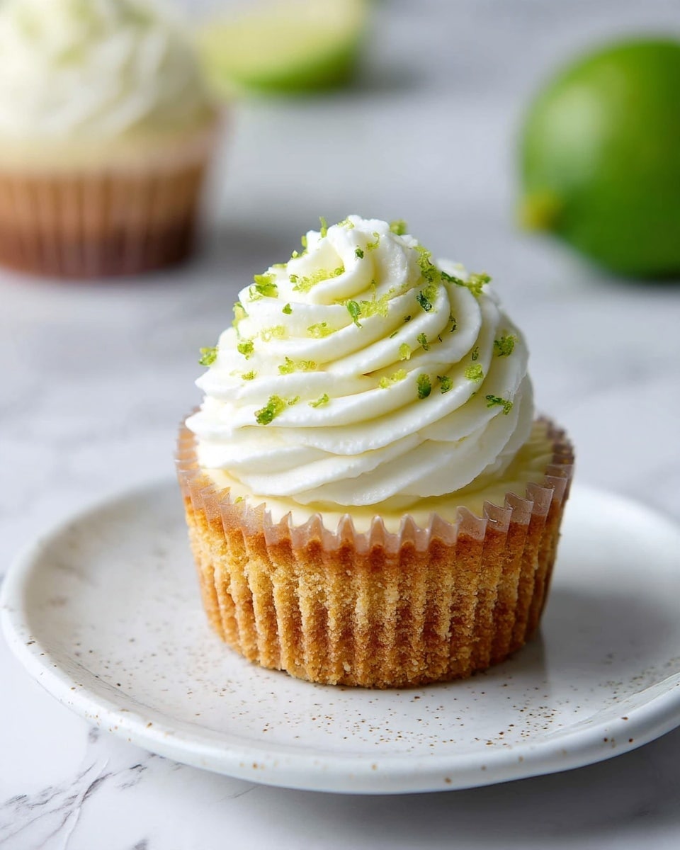 Six key lime mini cheesecakes sit on a white tray with a smooth, lightly speckled texture, placed on a white marbled surface. Four cheesecakes have a pale yellow, creamy filling visible in the white cupcake liners, with a smooth surface and small lime zest sprinkled on top. Two cheesecakes show a thick, white whipped cream layer piped in swirls, also garnished with small lime zest pieces. Two halved bright green limes with their juicy, textured inside surfaces are placed among the cheesecakes on the tray. photo taken with an iphone --ar 4:5 --v 7