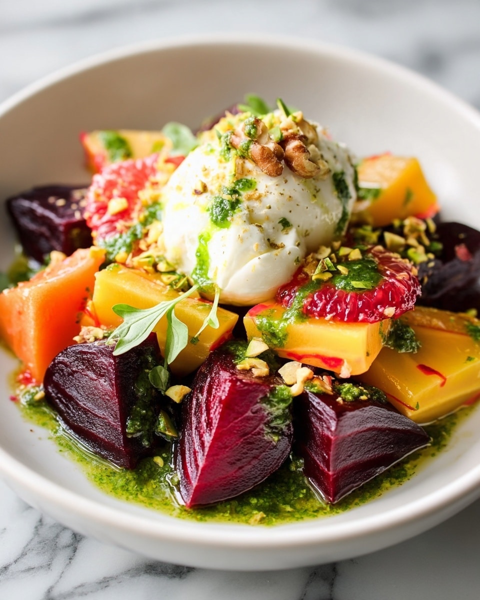 A white plate filled with three layers of colorful ingredients: the bottom layer has orange and yellow chunks with smooth texture, the middle layer shows dark red and purple beet slices that are glossy and firm, and the top layer includes bright red citrus slices, dollops of soft white cheese, sprinkled chopped nuts, fresh green basil leaves, and drizzled green sauce. The plate sits on a white marbled texture surface with a small jar of green sauce with a spoon beside it, and fresh basil leaves on the top right corner. Photo taken with an iphone --ar 4:5 --v 7