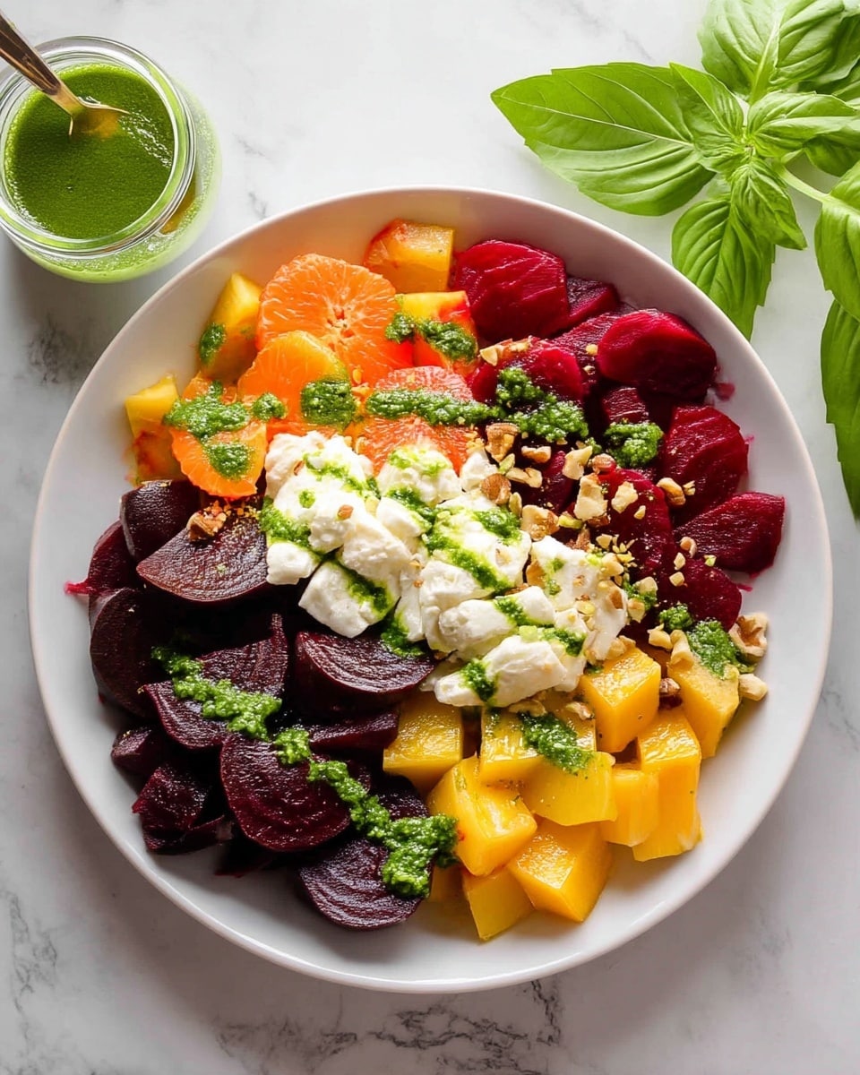 A close-up view of a salad served in a white bowl set on a white marbled surface, featuring several colorful layers: the base is made up of dark purple beetroot slices, vibrant orange and yellow carrot chunks, and bright red grapefruit segments. At the center is a soft white cheese dollop, sprinkled with chopped nuts and fresh green herbs. The dish is drizzled with a green herb sauce and scattered with small leaves for garnish. Photo taken with an iphone --ar 4:5 --v 7