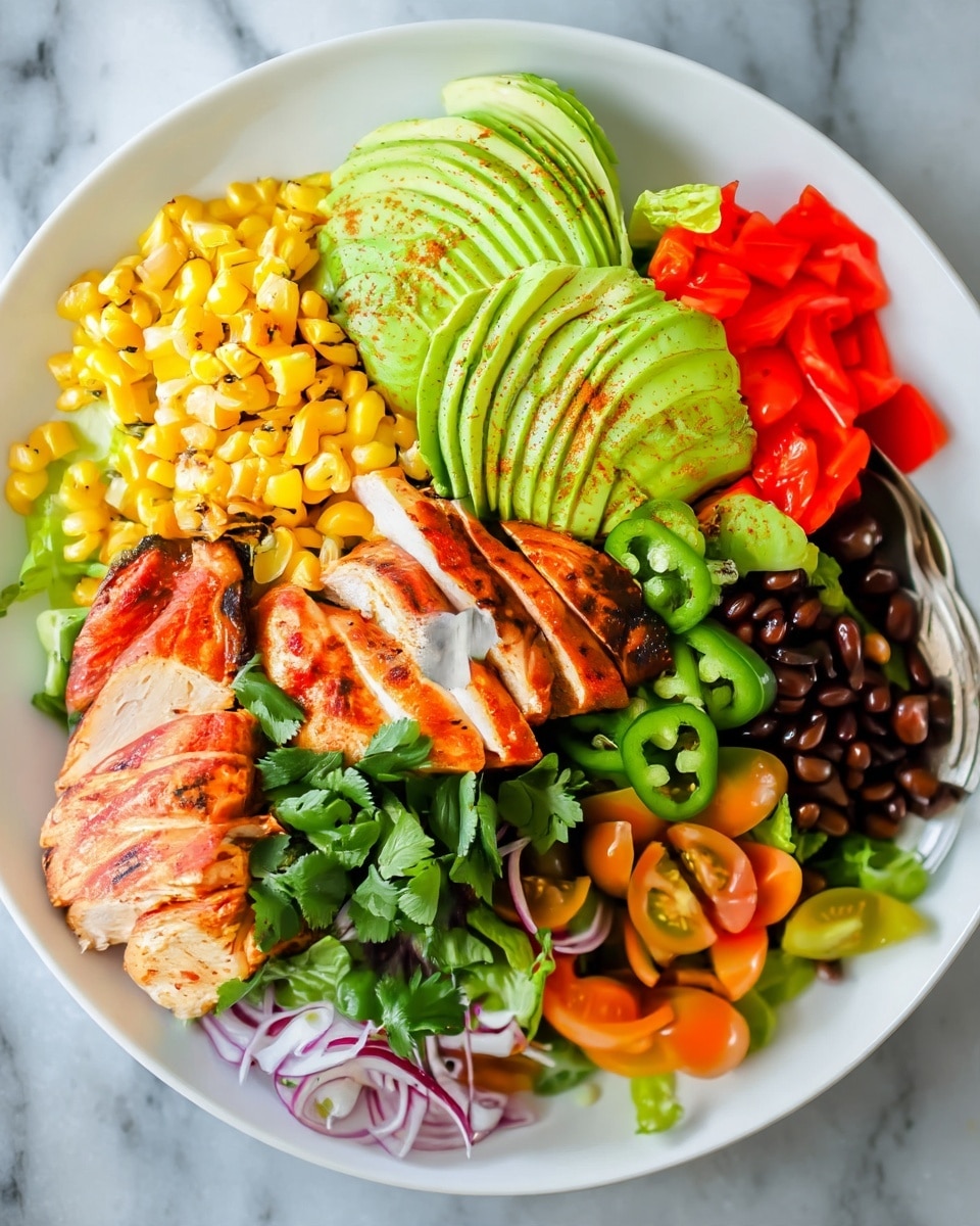 A white bowl filled with layers of colorful food items sits on a white marbled surface. Starting from the top left, there is a layer of grilled yellow corn kernels next to several thin slices of bright green avocado arranged neatly. To the right, there are small chunks of red bell pepper. Below the avocado and pepper, a layer of dark black beans is seen. A pile of green jalapeño slices sits in the center along with some chopped fresh cilantro leaves. The main center layer shows grilled chicken breast slices with a brown char, drizzled with a light green creamy sauce that also covers the avocado, corn, jalapeños, beans, and some yellow and orange cherry tomato halves peeking under the chicken. Thinly sliced red onions appear at the bottom left side. Two silver forks rest on the right of the bowl. Around the bowl, a jar of green sauce with a spoon and a halved lime add more color against the white marbled background. Photo taken with an iphone --ar 4:5 --v 7
